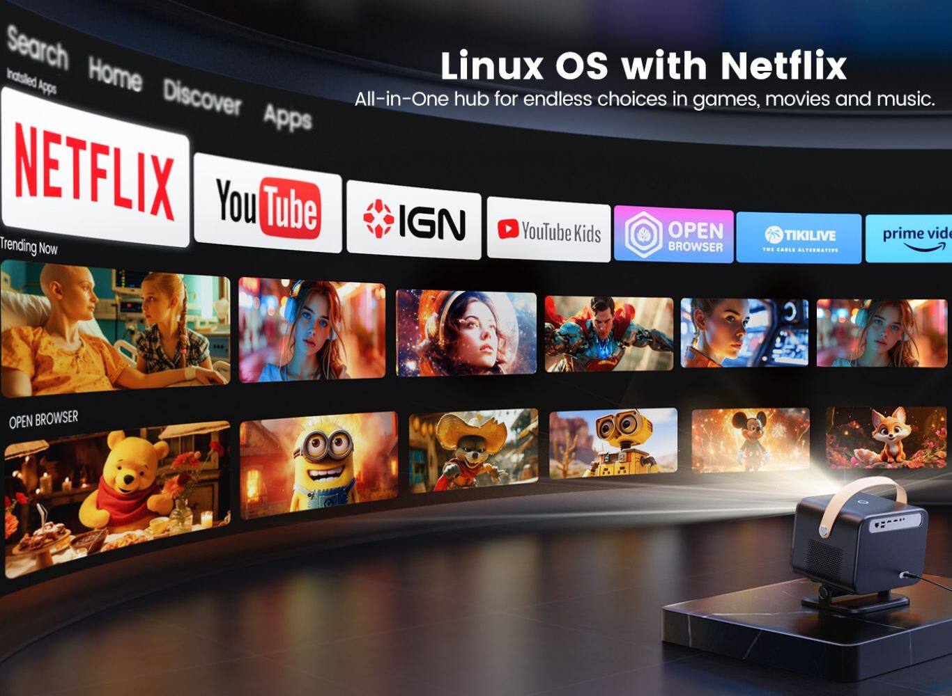 Search Linux OS with Netflix, all-in-one hub for endless choices in games, movies, and music. Apps include YouTube, IGN, YouTube Kids, Open Tikilive, Prime Video, and Trending Now. The browser is Carl's LTEENATIE C.