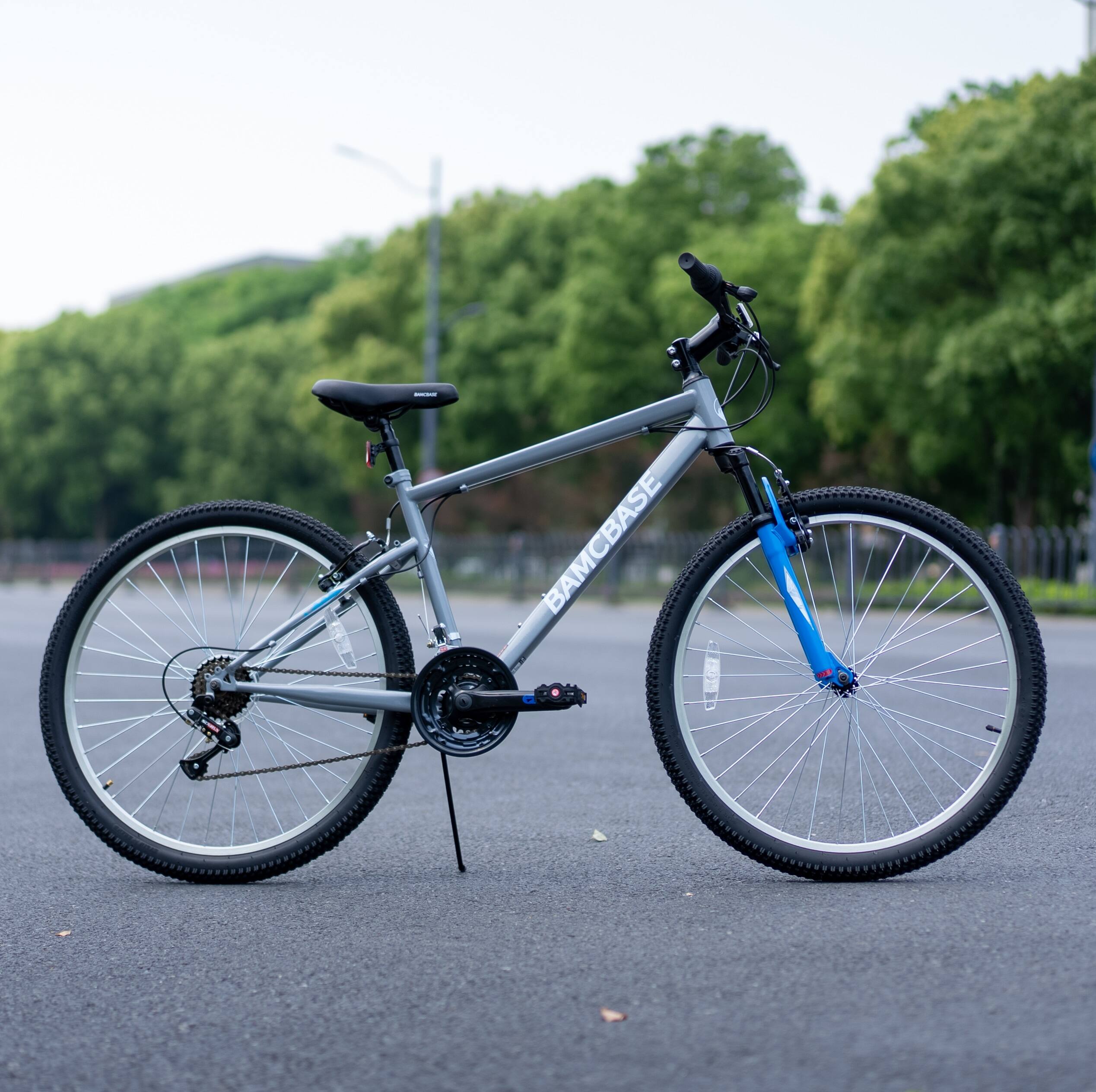 Left. HILAND - BAMCBASE Agave 27.5 inch Mountain Bike with Hi-Ten Steel Frame, Front Suspension Fork, 18 Speed MTB for Adult Men, Grey - grey.