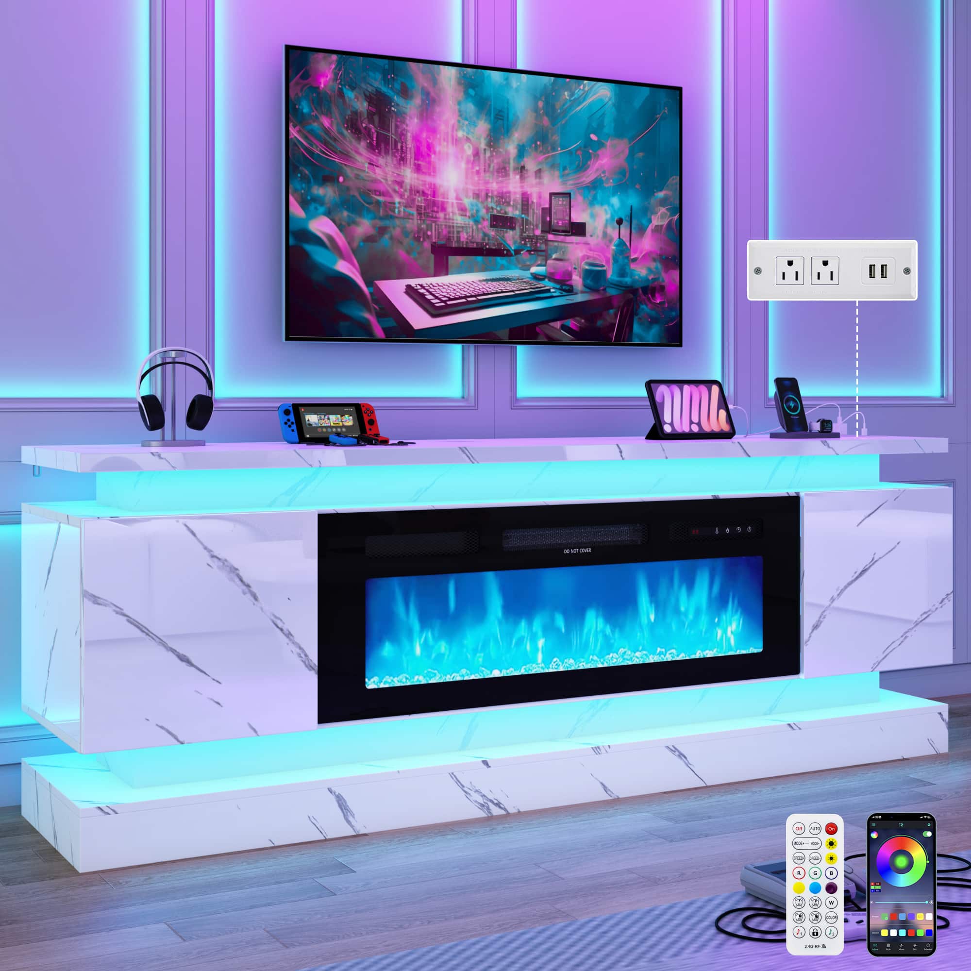 "Espafurni - 71"" TV Stand w/40"" Fireplace & Outlet, High Gloss, 2 Cabinets & Dual LED Lights – Fits 75-85"" TV - White Marble" price history on PriceWatchPro