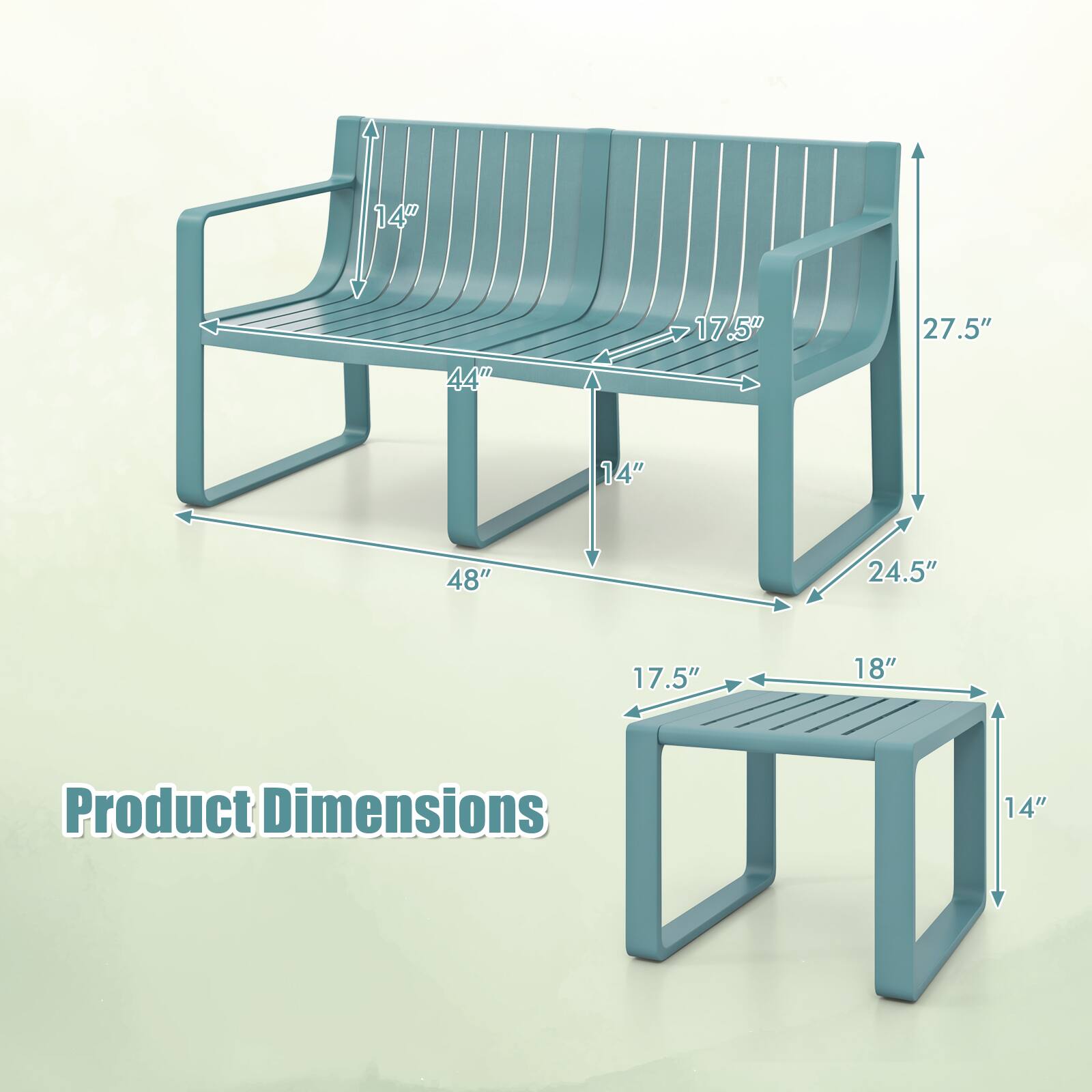 The text on the image reads: "Product Dimensions: 14" 44" 17.5" 27.5" 14" 48" 24.5" 17.5" 18".
