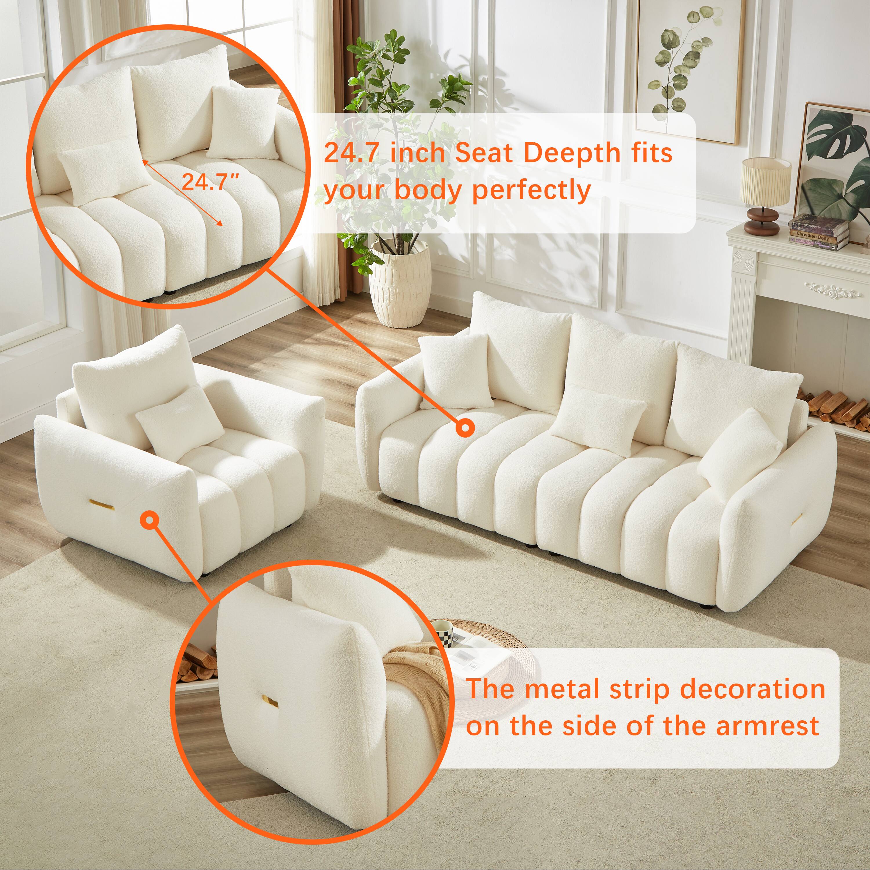 24.7"  
24.7 inch Seat Depth fits your body perfectly  
The metal strip decoration on the side of the armrest