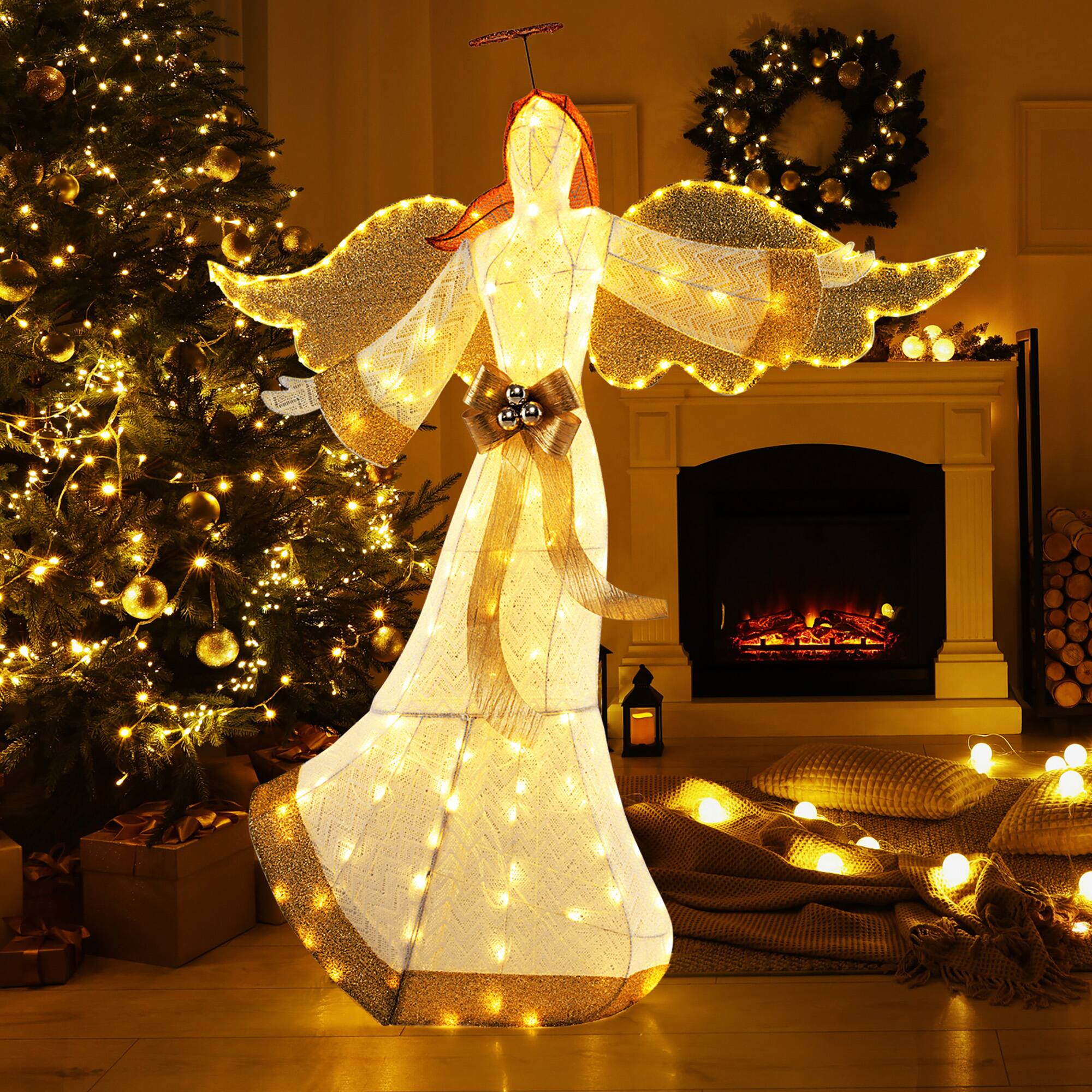 Alt View 1. Gymax - Gymax 5.2 FT Lighted Angel w/ Halo & Bow Zip Ties & Ground Stakes 180 LED Lights - Warm White.
