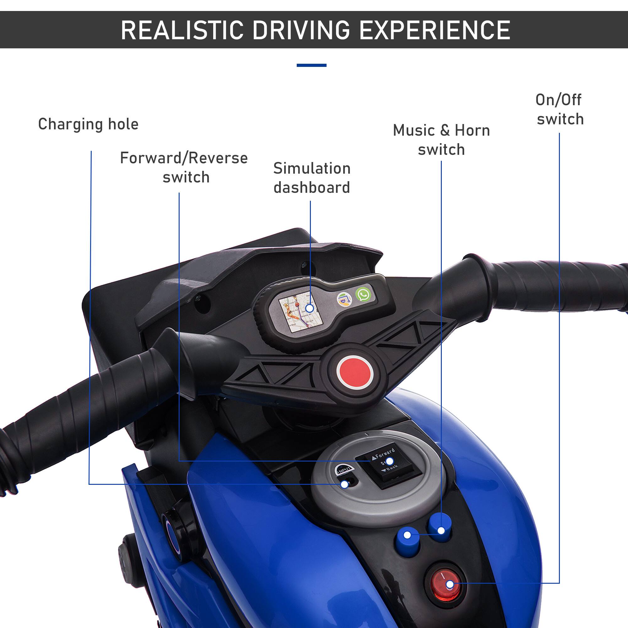 REALISTIC DRIVING EXPERIENCE

- Charging hole
- Forward/Reverse switch
- Simulation dashboard
- Music & Horn switch
- On/Off switch