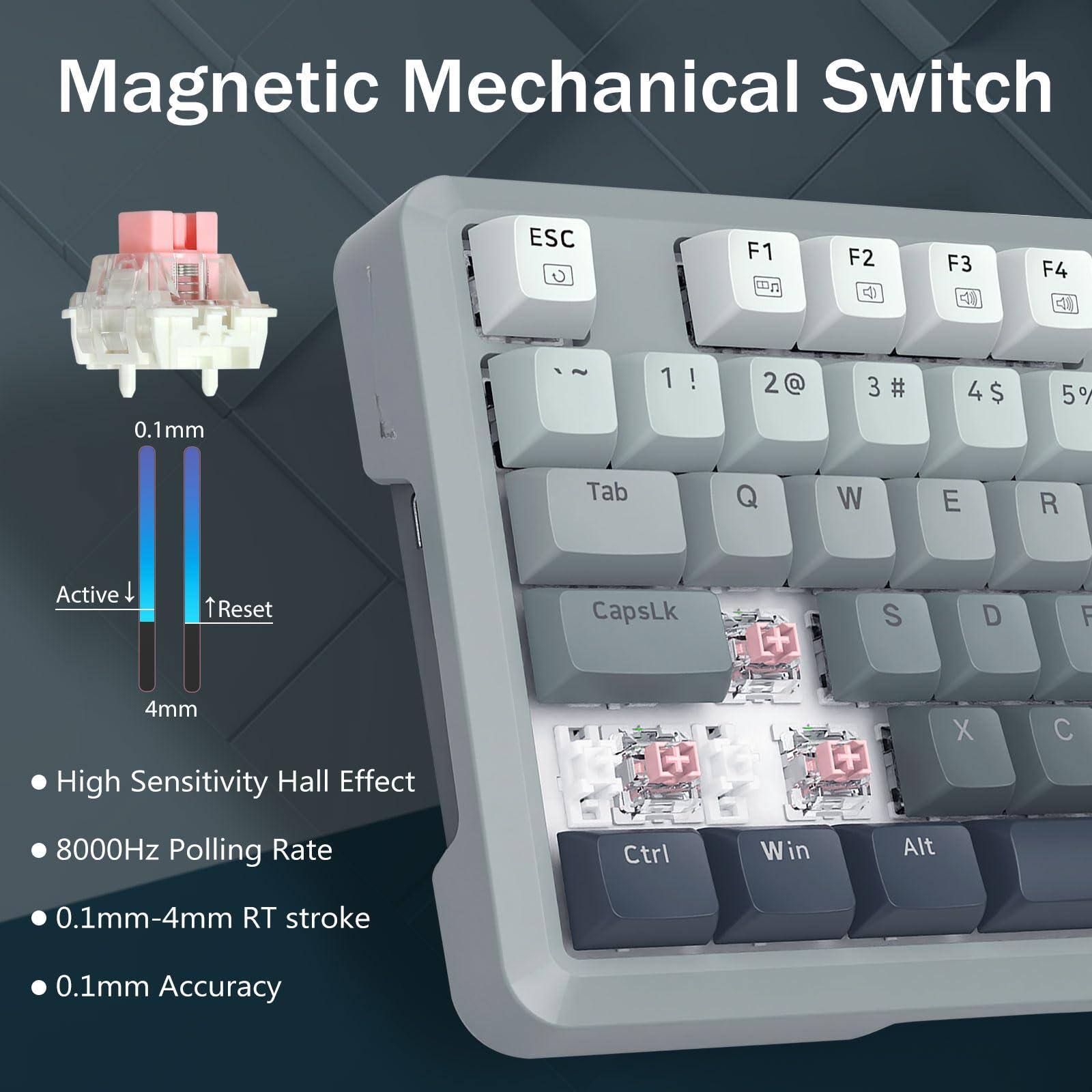 Magnetic Mechanical Switch

- High Sensitivity Hall Effect
- 8000Hz Polling Rate
- 0.1mm-4mm RT stroke
- 0.1mm Accuracy

ESC F1 F2 F3 F4 1 ! 2 @ 3 # 4 $ 5 % Tab Q W E R Active t Reset CapsLk S D F

0.1mm
Active ↓
4mm
Reset ↑