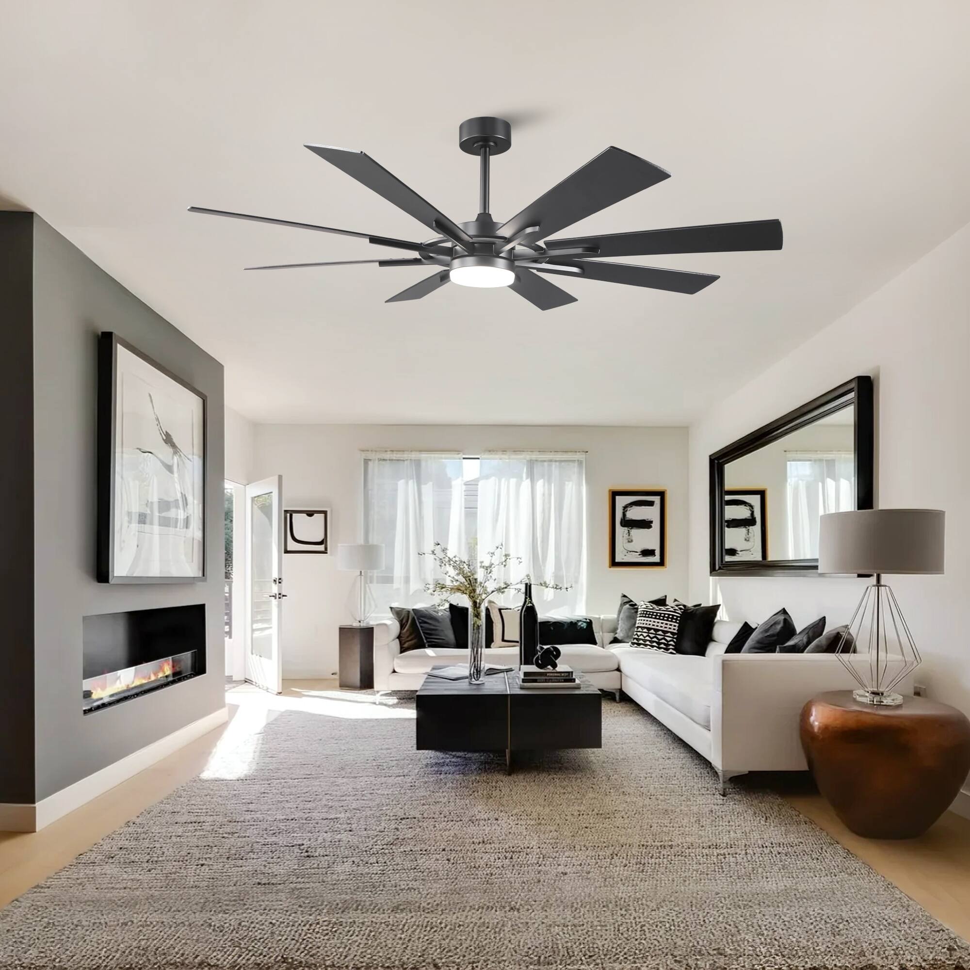 Left. Vaczon - 72" Matte Black Large Ceiling Fan with LED Light & Reversible Blades - Black.