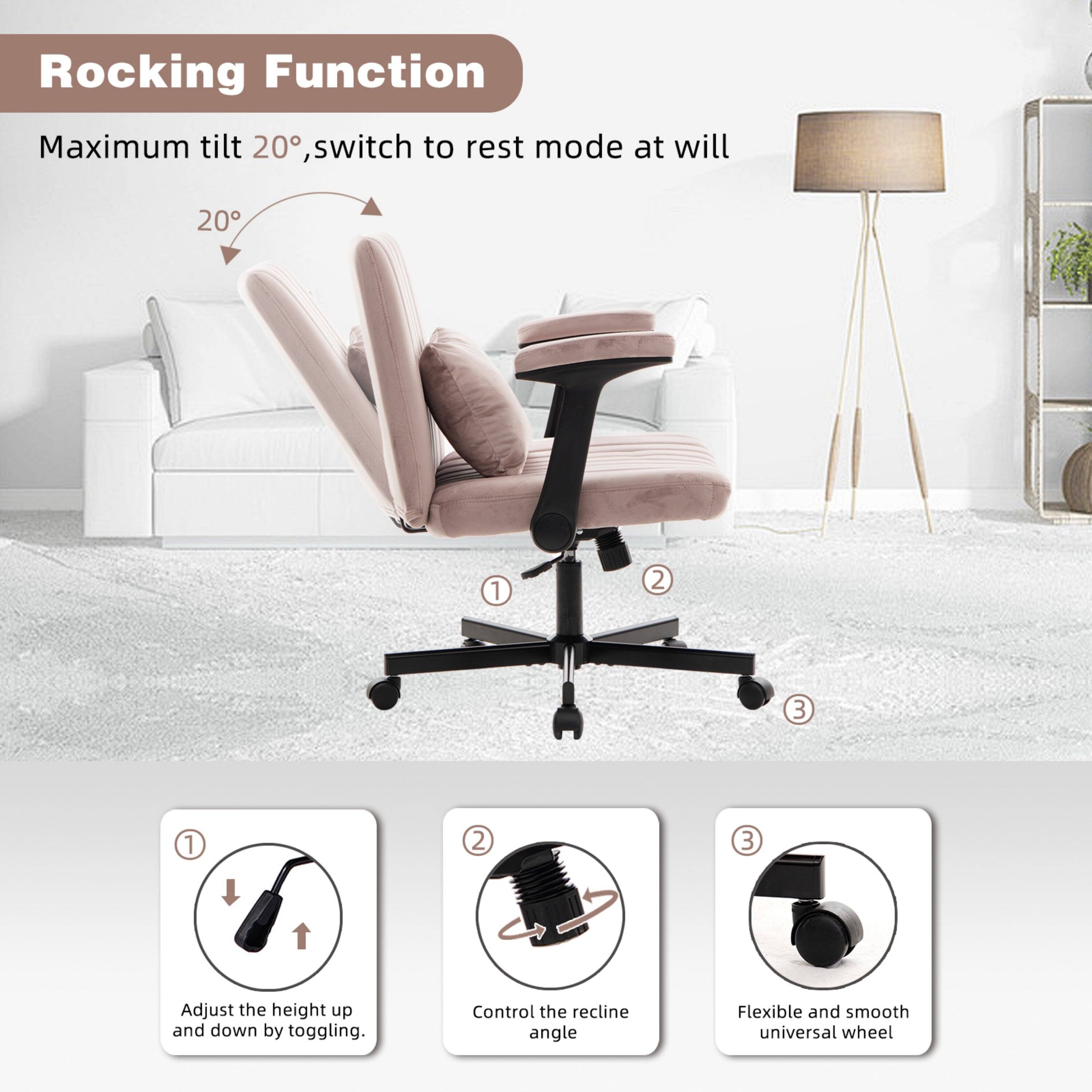 Rocking Function  
Maximum tilt 20°, switch to rest mode at will  

1. Adjust the height up and down by toggling.  
2. Control the recline angle  
3. Flexible and smooth universal wheel
