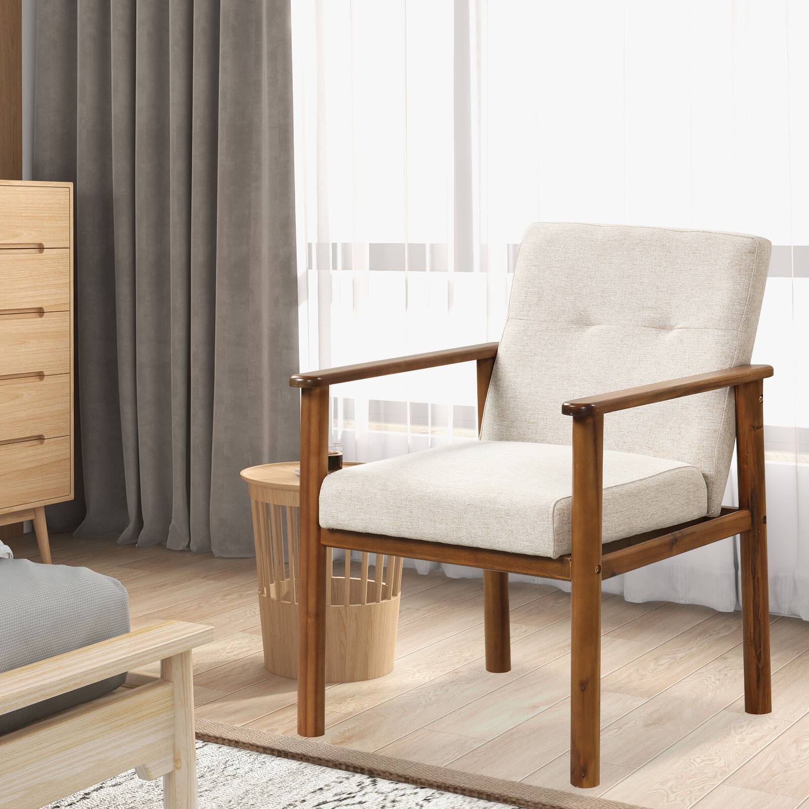 Alt View 1. Ecooso - Modern Linen Fabric Accent Armchair with Solid Wood Legs and Soft Cushioned Seat - Beige.