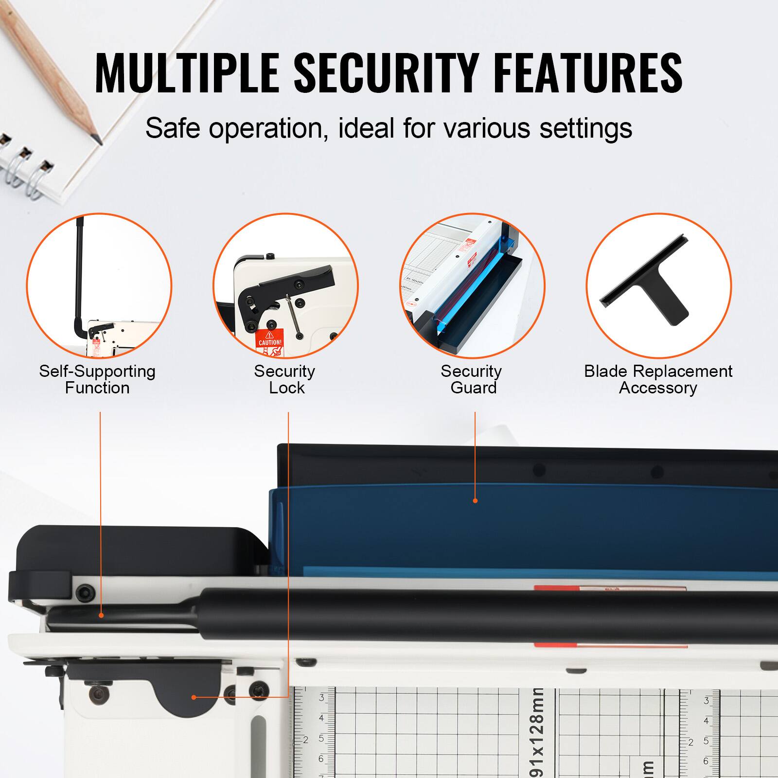 MULTIPLE SECURITY FEATURES  
Safe operation, ideal for various settings  

- Self-Supporting Function  
- Security Lock  
- Security Guard  
- Blade Replacement Accessory  

91x128mm