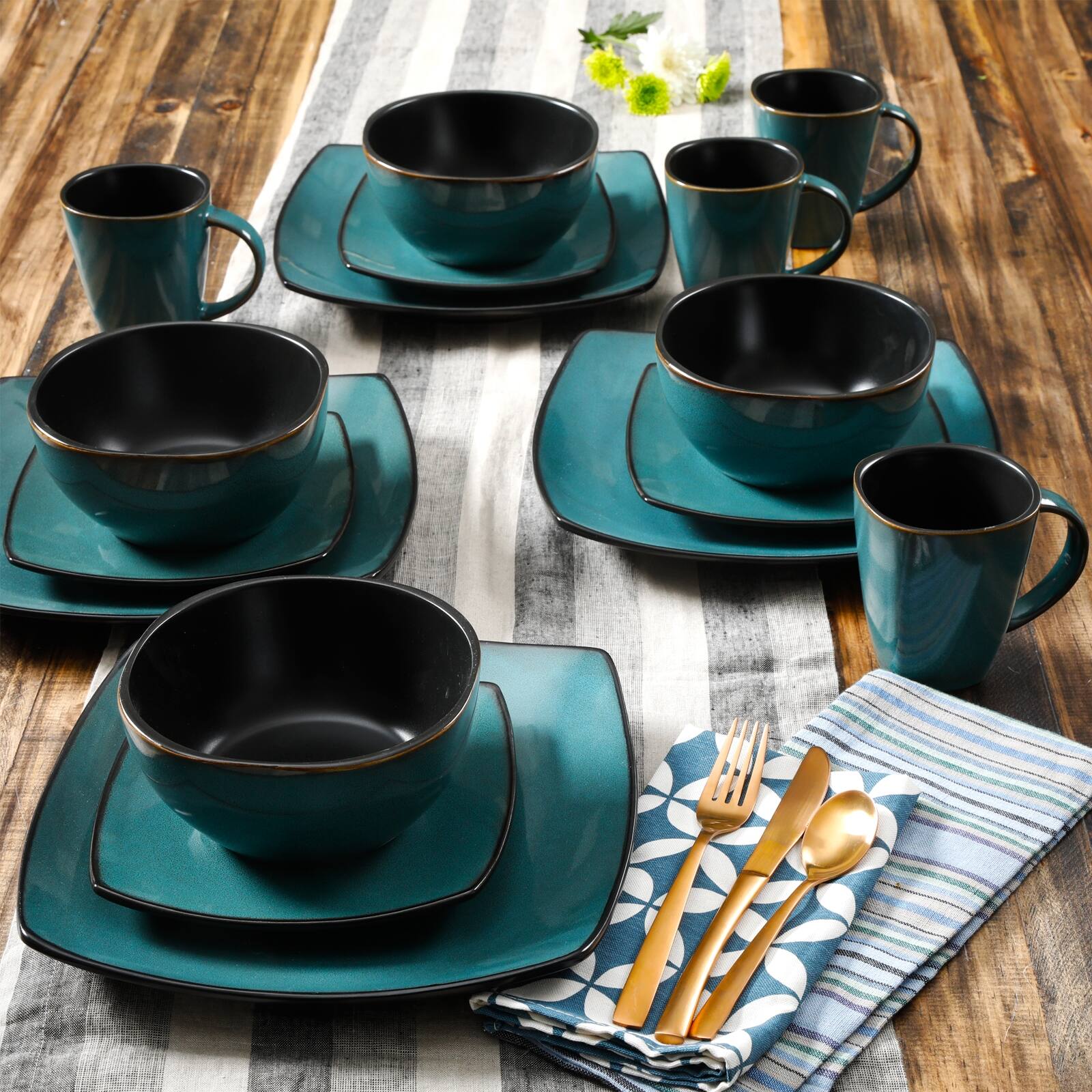 Alt View 2. Gibson - Soho Lounge 16-Piece Soft Square Dinnerware Set in Teal Green - Teal Green.
