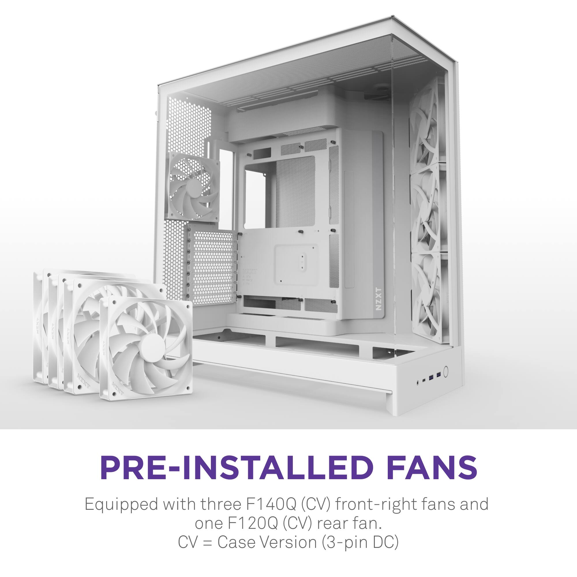 The image features a white computer case with a fan and a CPU cooler. The case is pre-installed with three F140Q (CV) front-right fans and one F120Q (CV) rear fan. The fans are designed for case version (3-pin DC) and are equipped to provide efficient cooling for the computer system.