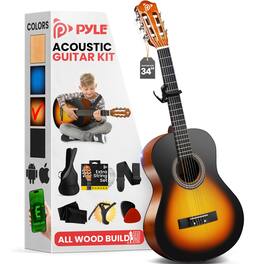 Pyle - Classical Guitar Kit, 34" 1/2 Size All Wood with Capo, Gig Bag, Strings, Strap, Picks, Sunburst - PGACMS40SBD - Sunburst Teardrop Gloss