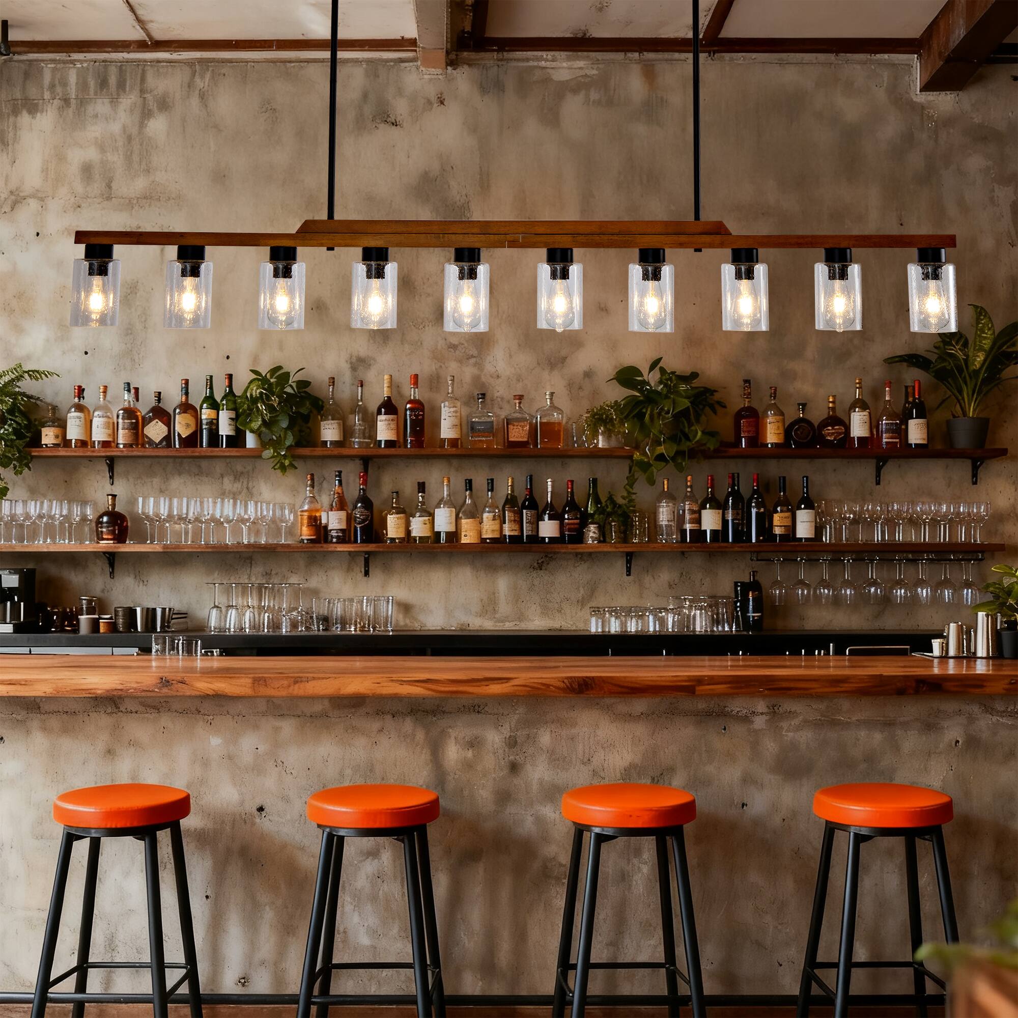 Angle. RYHNUYNE - 10-Light Rustic Chandelier 79 Inch Wood Linear Pendant Light with Seed Glass Shades Adjustable Farmhouse Island Lighting.