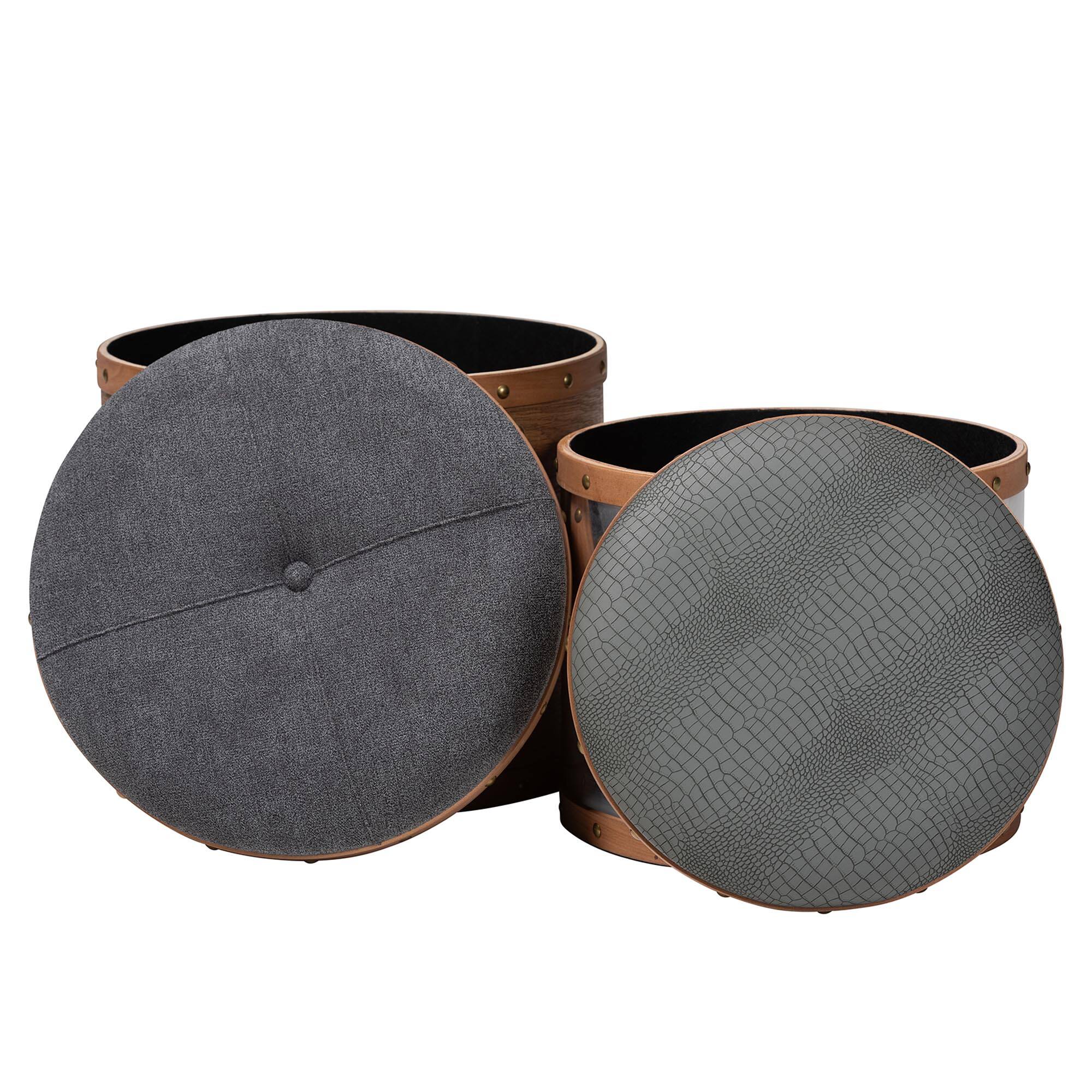 Left. Baxton Studio - Caleb Modern Fabric and Alligator Faux Leather 2-Piece Storage Ottoman Set - Brown/Mirrored.