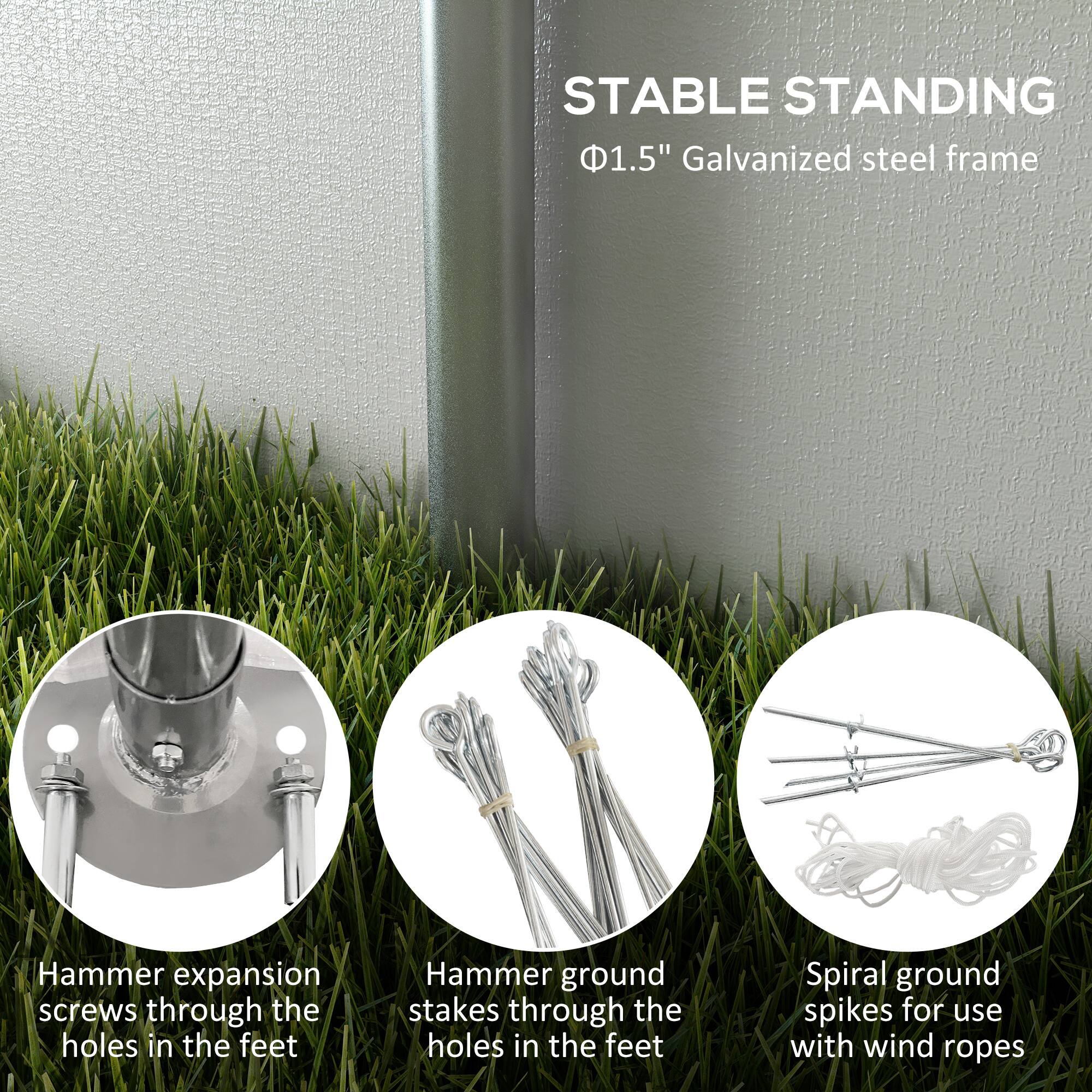 STABLE STANDING  
Φ1.5" Galvanized steel frame  

- Hammer expansion screws through the holes in the feet  
- Hammer ground stakes through the holes in the feet  
- Spiral ground spikes for use with wind ropes