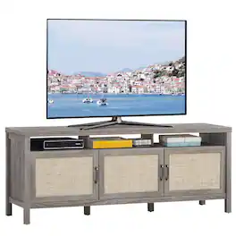 Gymax - TV Stand Entertainment Media Center for TV's up to 65'' w/ Rattan Doors - Grey Oak