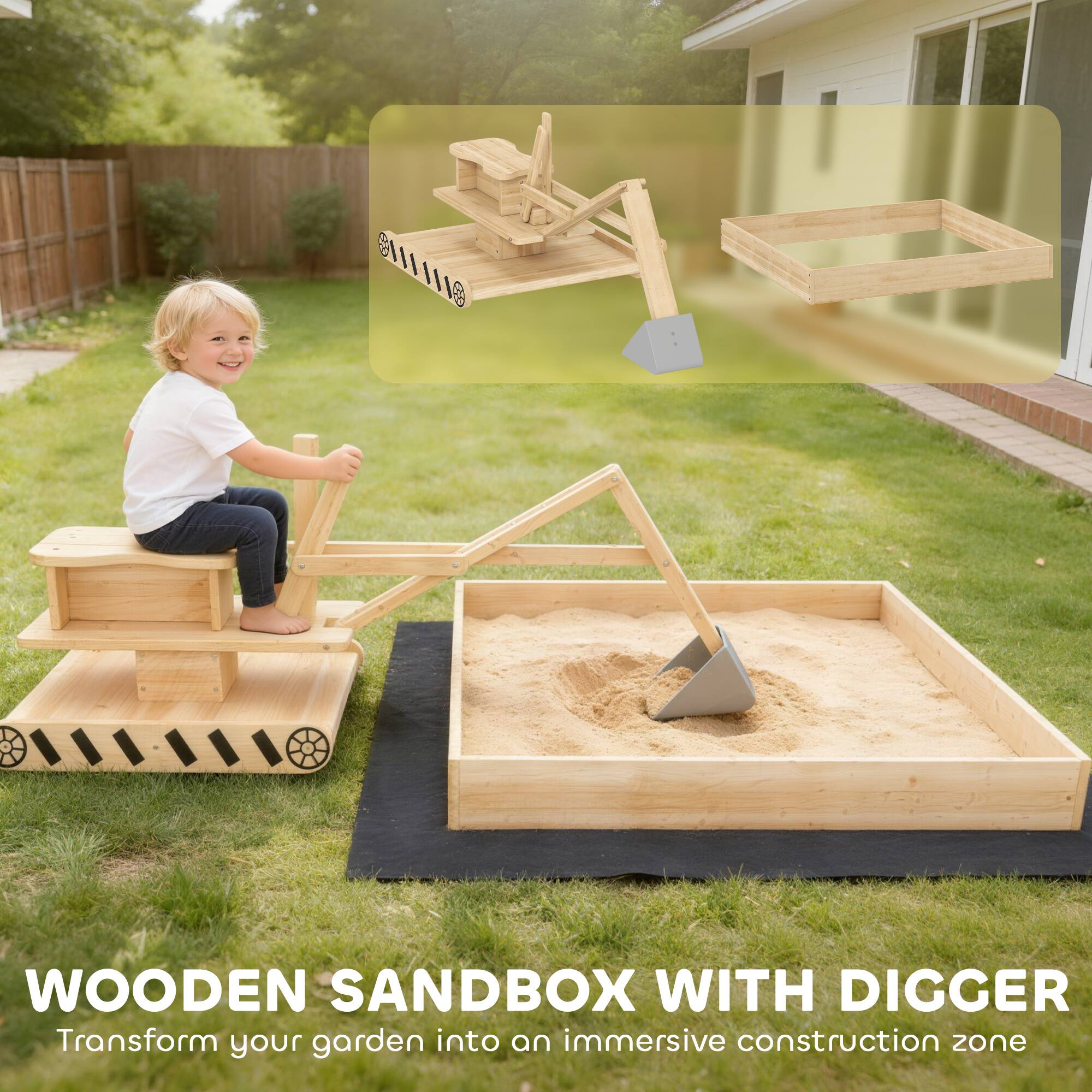 WOODEN SANDBOX WITH DIGGER  
Transform your garden into an immersive construction zone