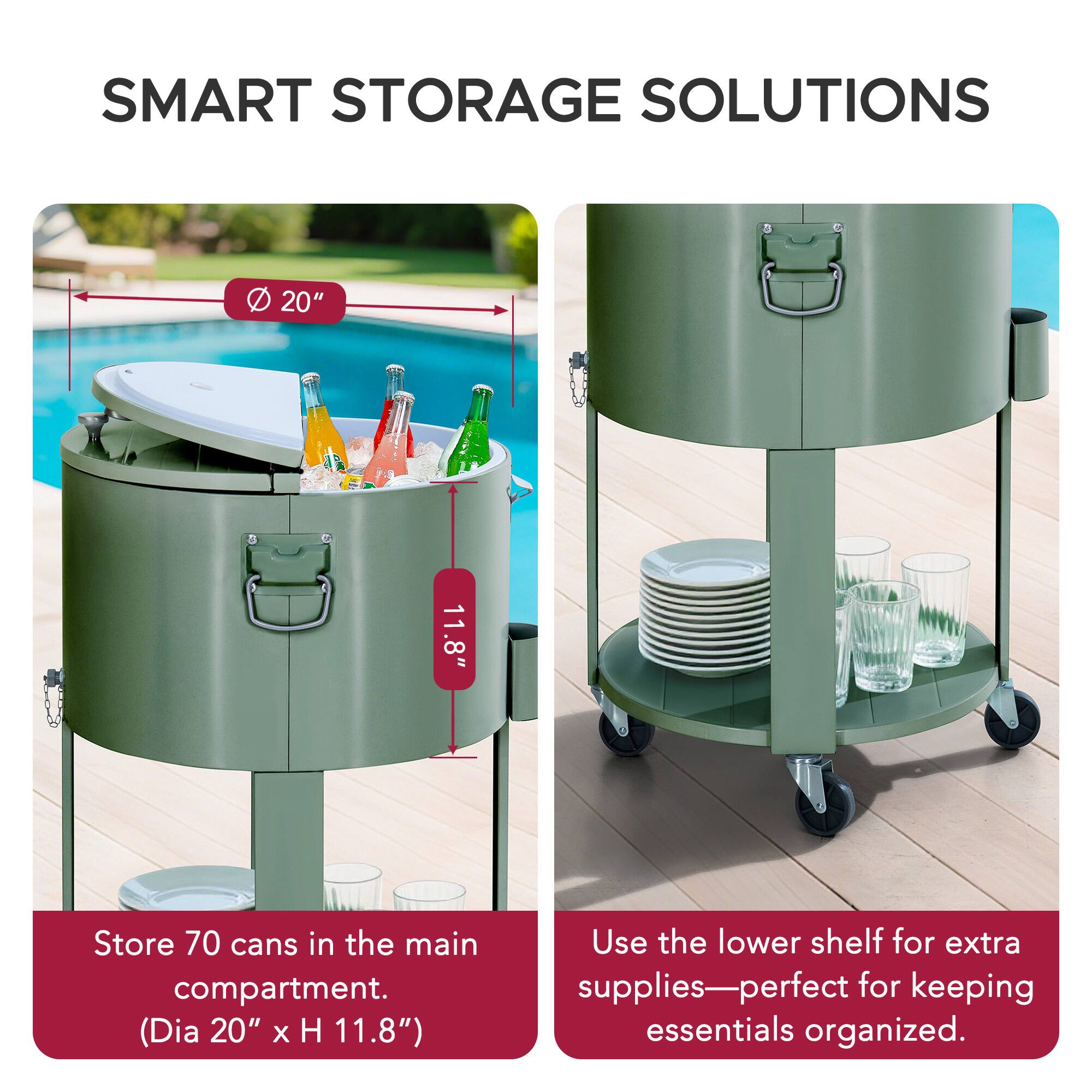 SMART STORAGE SOLUTIONS

20"  
11.8"  

Store 70 cans in the main compartment.  
(Dia 20" x H 11.8")  

Use the lower shelf for extra supplies—perfect for keeping essentials organized.