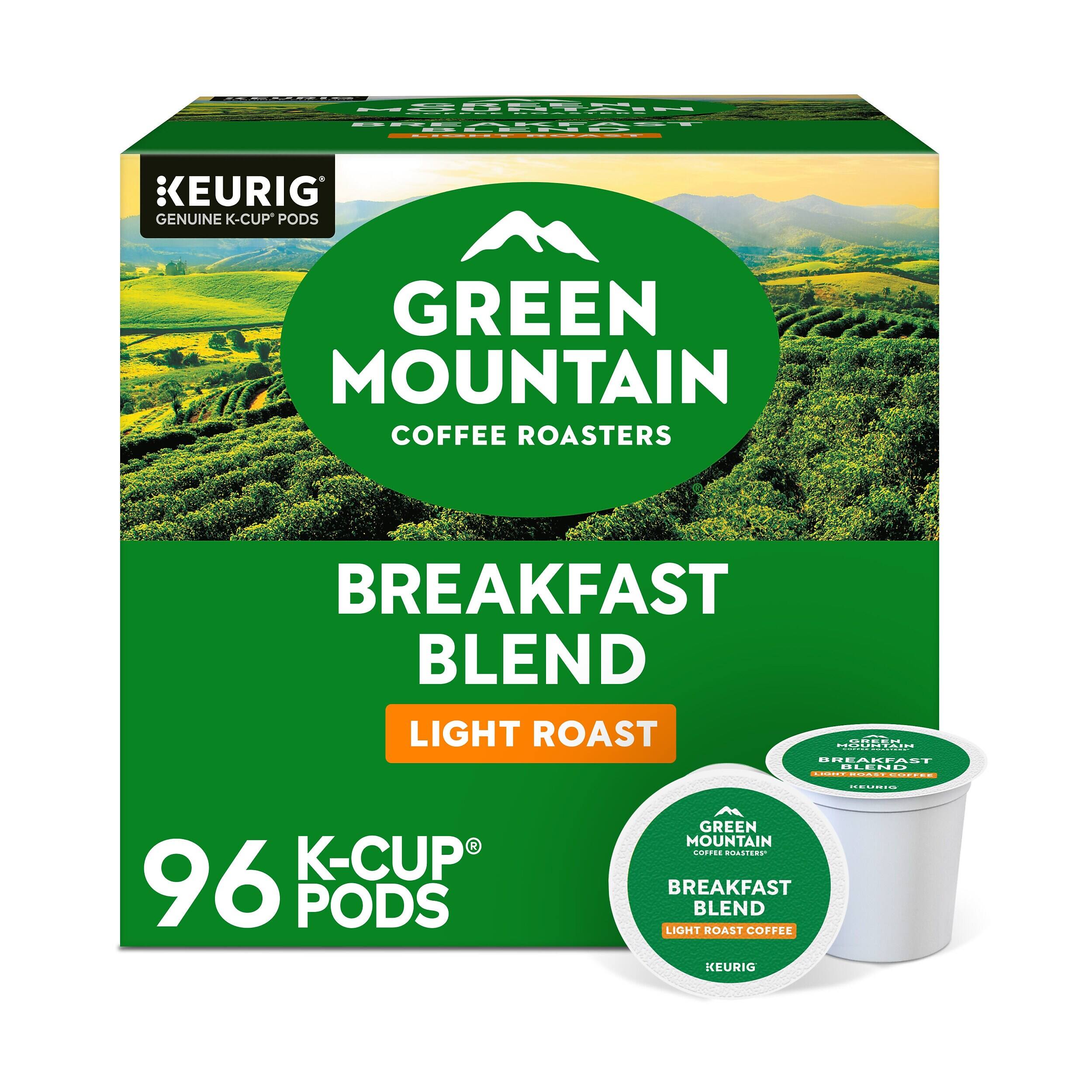 MOUNTAIN  
BREAKFAST BLEND  
0 KEURIG GENUINE K-CUP PODS  
GREEN MOUNTAIN COFFEE ROASTERS  
BREAKFAST BLEND LIGHT ROAST  
COFFEE KEURIG  
K-CUP 96 PODS  
GREEN MOUNTAIN COFFEE ROASTERS BREAKFAST BLEND LIGHT ROAST COFFEE KEURIG