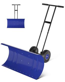 Babevy - 29.5" Snow Pusher with Wheels, Adjustable Angle & 60° Tilt Handle, Steel Blade Snow Removal for Effortless Driveway - Blue