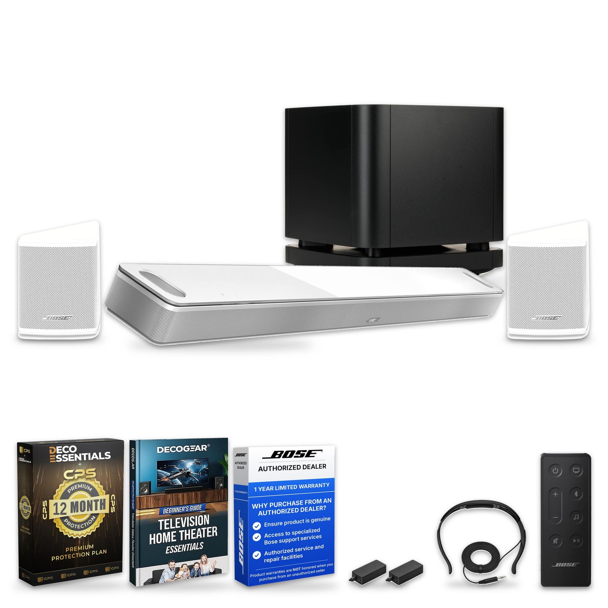 Smart Ultra Dolby Atmos Soundbar + Bose Bass Module 500 + Surround Sound System + 1-Year Extended Warranty Package - Arctic White