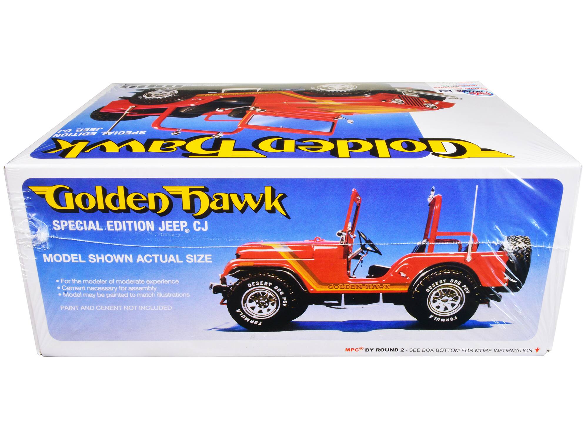 **Golden Hawk**  
SPECIAL EDITION JEEP CJ  

MODEL SHOWN ACTUAL SIZE  

- For the modeler of moderate experience  
- Cement necessary for assembly  
- Model may be painted to match illustrations  

PAINT AND CEMENT NOT INCLUDED  

DESERT DDG PGV FORMULA  
GOLDEN HAWK  
DESERT DDG  

MPC® BY ROUND 2 - SEE BOX BOTTOM FOR MORE INFORMATION