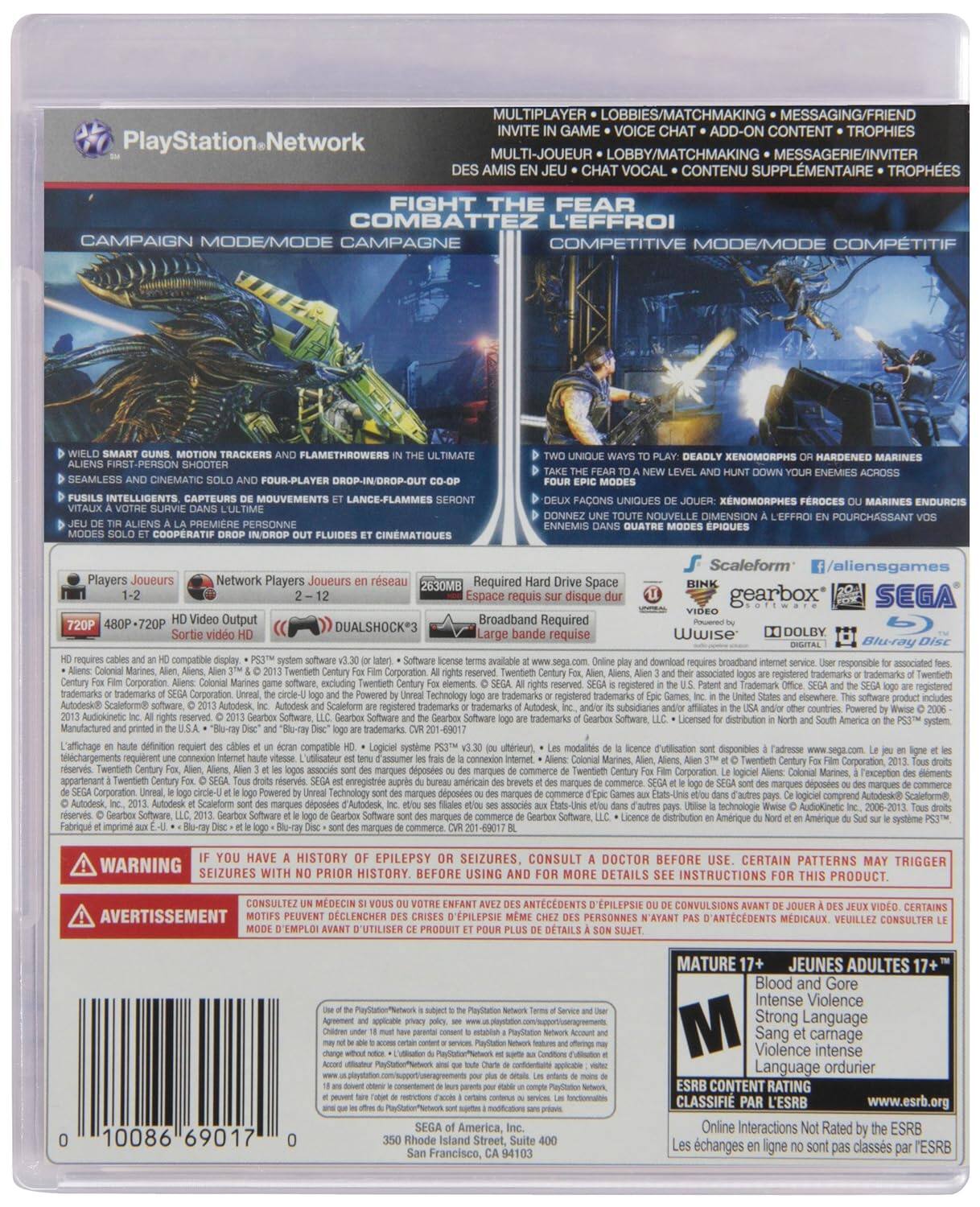 Sure, here is the corrected and grouped text from the image:

---

**PlayStation.Network**

**MULTIPLAYER**  
**LOBBIES/MATCHMAKING**  
**MESSAGING/FRIEND INVITE**  
**GAME VOICE CHAT**  
**ADD-ON CONTENT**  
**TROPHIES**

**MULTI-JOUEUR**  
**LOBBY/MATCHMAKING**  
**MESSAGERIE/INVITER**  
**JEU CHAT VOCAL**  
**CONTENU SUPPLÉMENTAIRE**  
**TROPHÉES**

**FIGHT THE FEAR**  
**COMBATTEZ L'EFFROI**

**CAMPAIGN MODE/MODE CAMPAGNE**  
**COMPETITIVE MODE/MODE COMPÉTITIF**

**WIELD SMART GUNS, MOTION TRACKERS AND FLAMETHROWERS IN THE ULTIMATE ALIENS FIRST-PERSON SHOOTER**  
**SEAMLESS AND CINEMATIC SOLO AND FOUR-PLAYER DROP-IN/DROP-OUT CO-OP**  
**VITURE À VOTRE SURVIE DANS L'ULTIME PREMIÈRE PERSONNE CO-OPRATIF IN