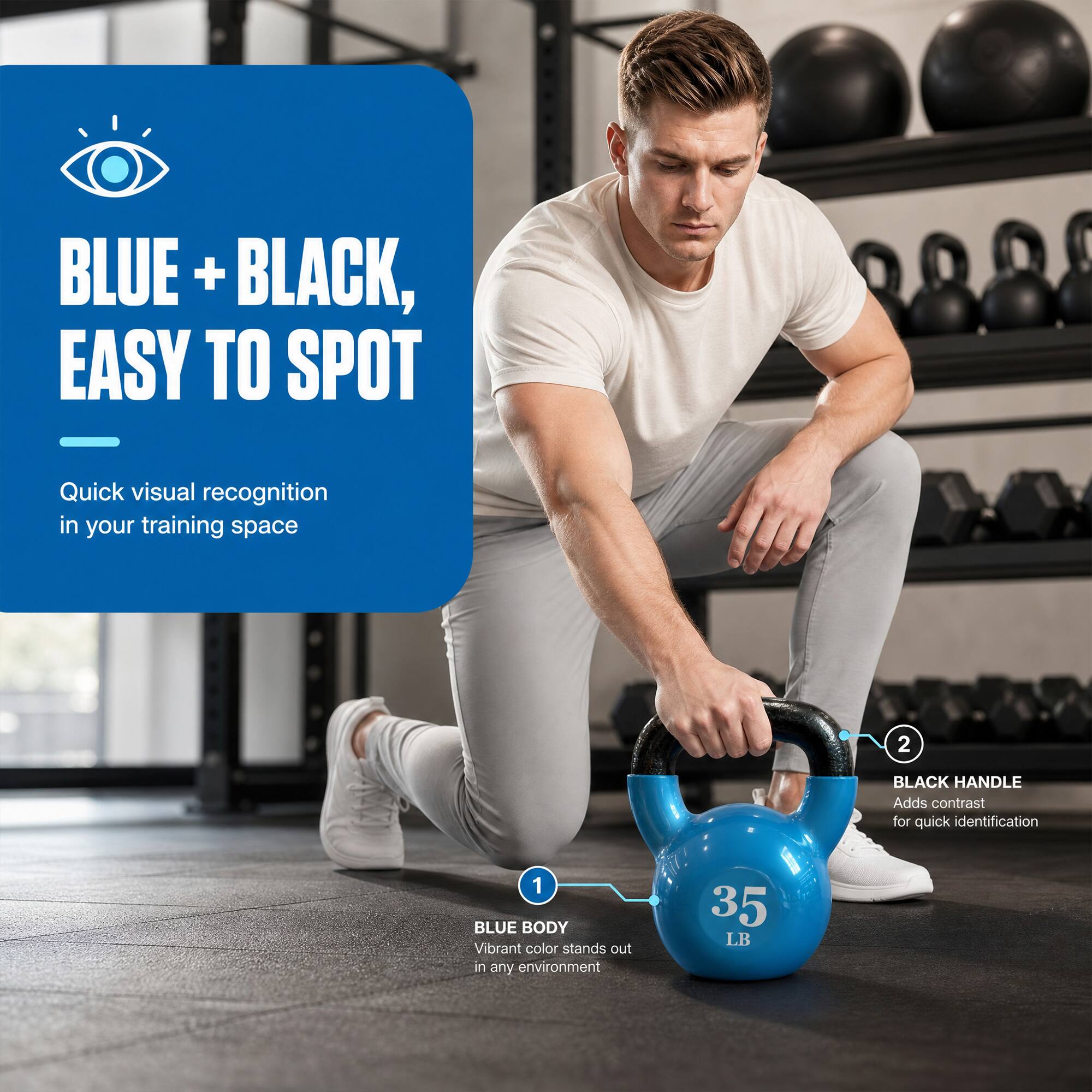 BLUE + BLACK, EASY TO SPOT  
Quick visual recognition in your training space

1. BLUE BODY  
Vibrant color stands out in any environment

2. BLACK HANDLE  
Adds contrast for quick identification

35 LB