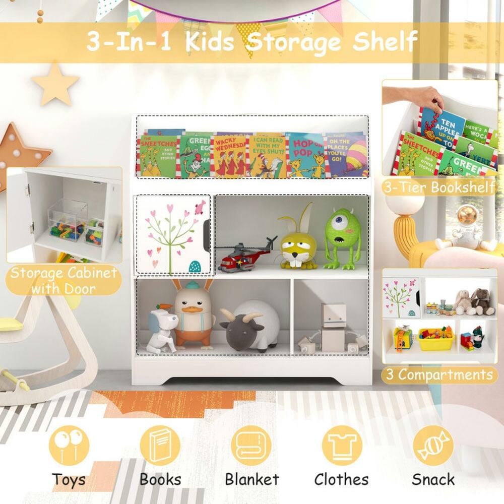 3-In-1 Kids Storage Shelf

- 3-Tier Bookshelf Storage Cabinet with Door
- 3 Compartments
- Toys
- Books
- Blanket
- Clothes
- Snack