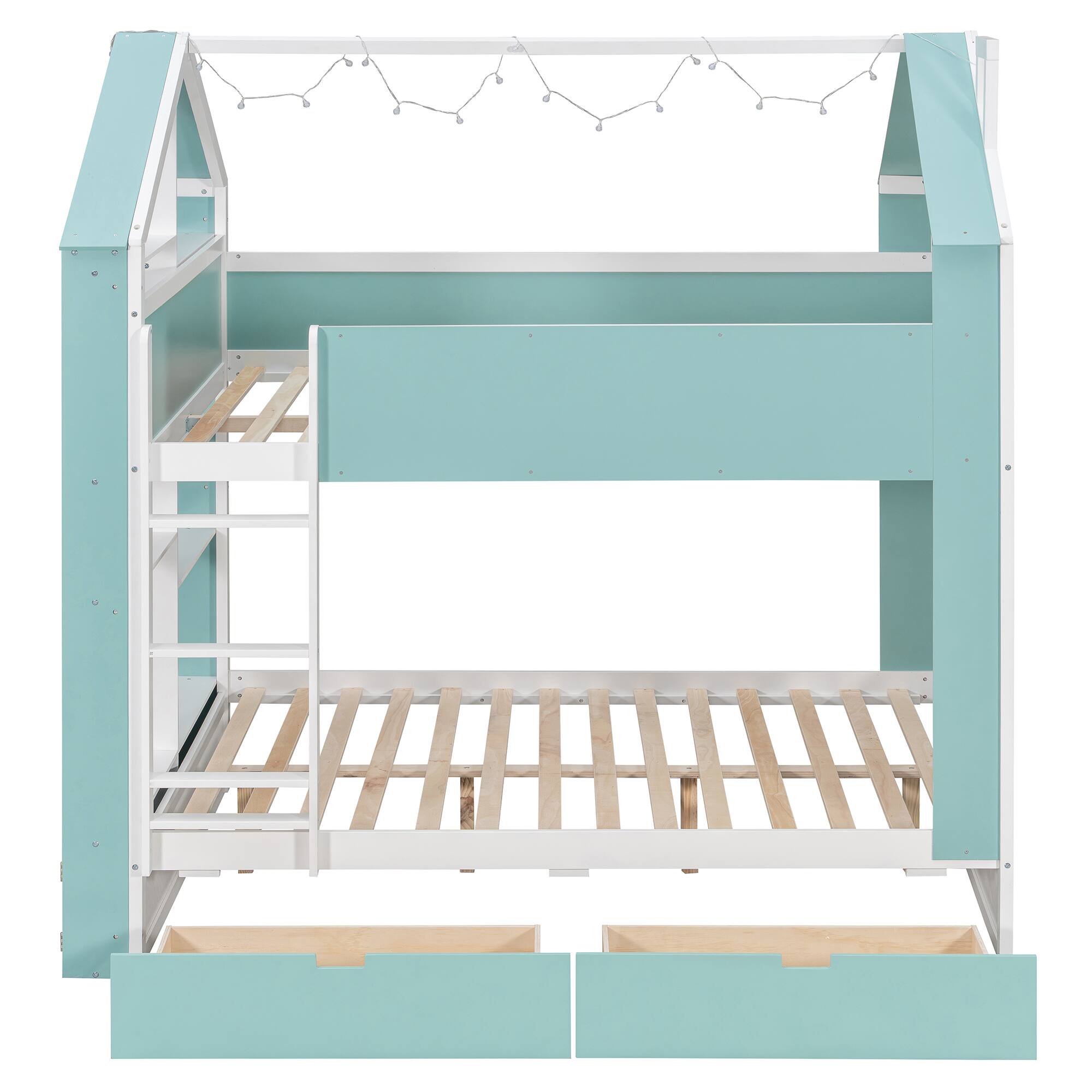 Back. Anysun - Full Size Bunk Bed with Storage Drawers & Shelves, Two-Tone Wood, Light Strip, Space-Saving Bedroom Furniture - Blue.