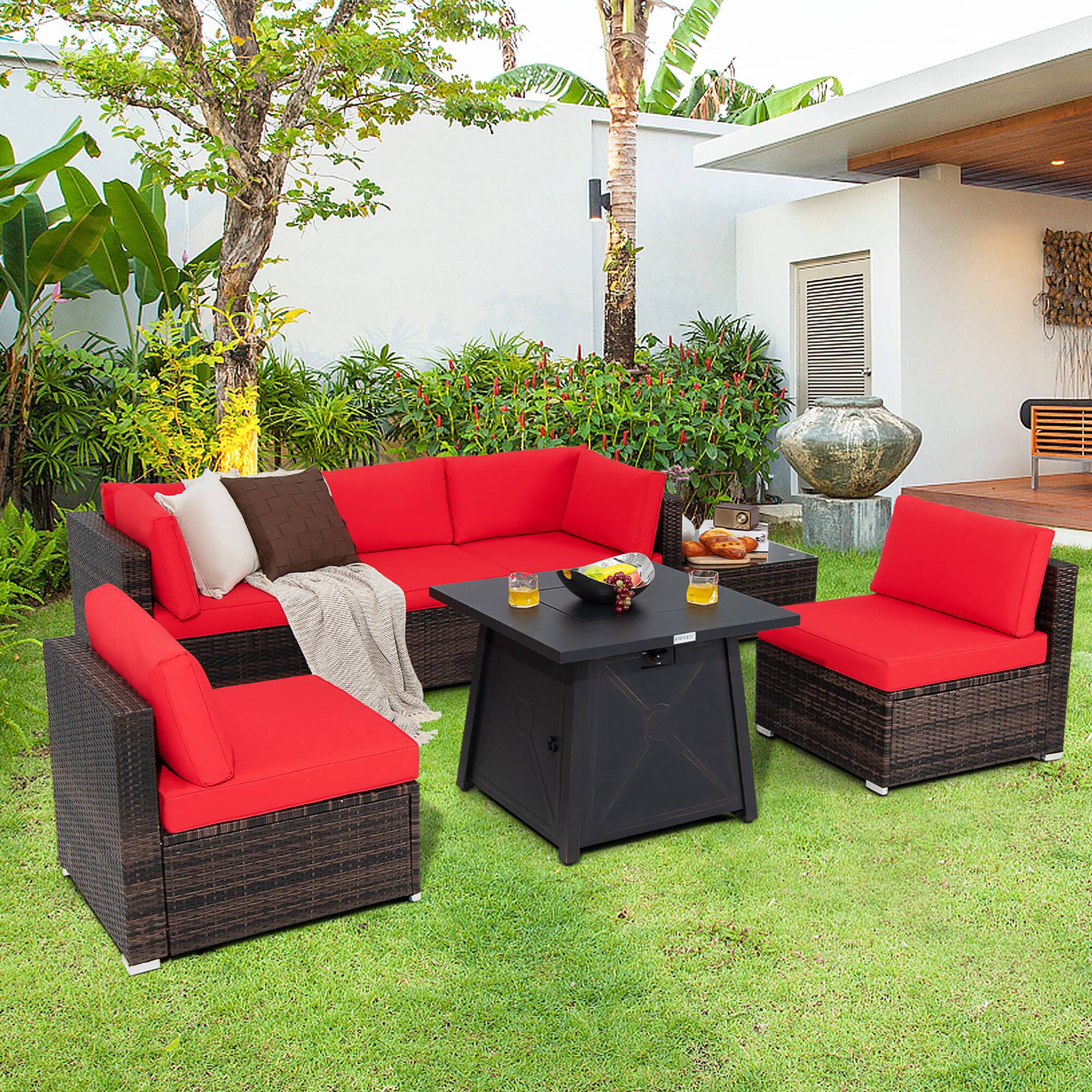 Alt View 1. Costway - Costway 7PCS Patio Rattan Furniture Set Fire Pit Table Cover Cushion - Red.