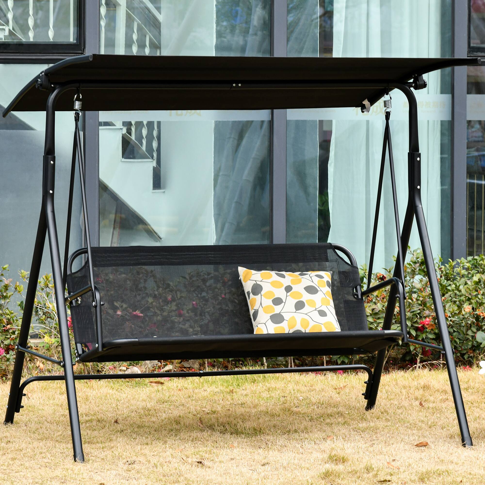 Angle. Outsunny - Outsunny Patio Swing Chair with Canopy, Seats 2 Adults Loveseat Bench with Adjustable Tilt Canopy, Armrests - Black.