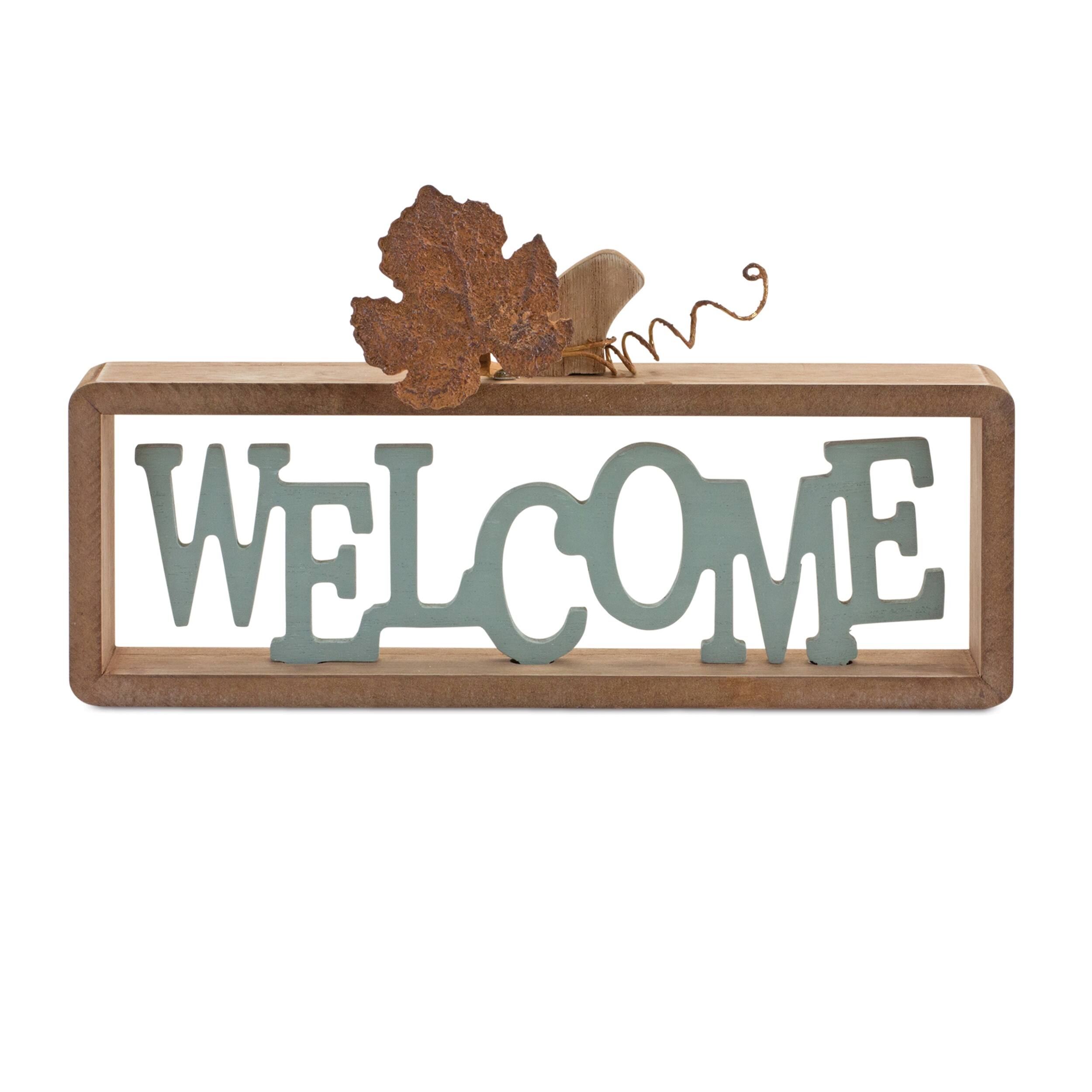 Angle. BreeBe - Welcome Harvest Tabletop Sign (Set of 2) - Brown, Blue.