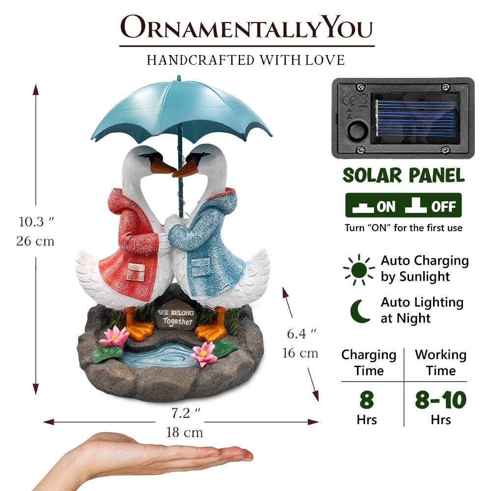 ORNAMENTALLY YOU  
HANDCRAFTED WITH LOVE  

10.3" 26 cm  
6.4" 16 cm  
7.2" 18 cm  

SOLAR PANEL  
ON OFF  
Turn "ON" for the first use  

Auto Charging by Sunlight  
Auto Lighting at Night  

Charging Time: 8 Hrs  
Working Time: 8-10 Hrs  

WE BELONG Together