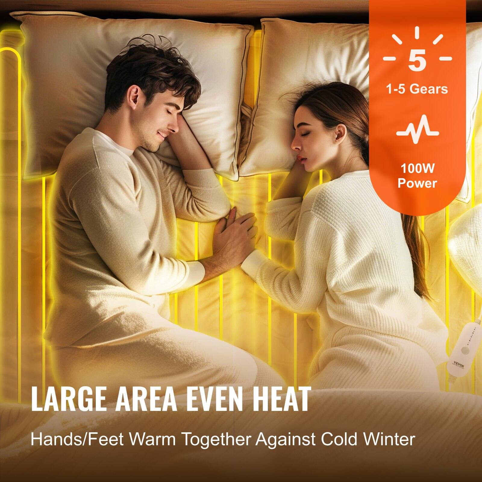 - 5 -  
1-5 Gears  
100W Power  

LARGE AREA EVEN HEAT  
Hands/Feet Warm Together Against Cold Winter