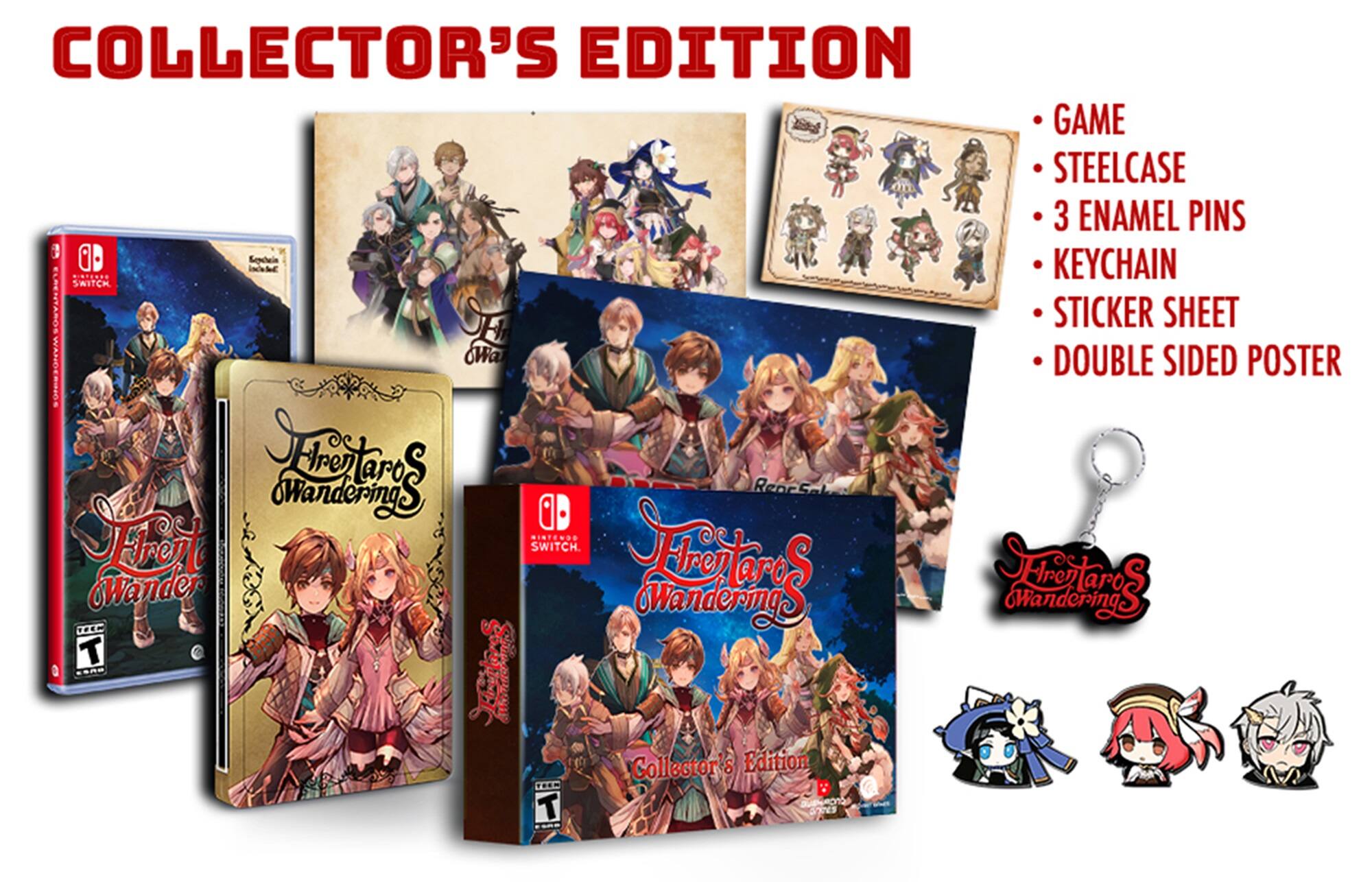 Collector's Edition Game Steelcase, 3 Enamel Pins, Keychain, Sticker Sheet, Double Sided Poster, Wanderer's Chronicles Replica, Stella Glow Replica, Fire Emblem Fates: Birthright and Conquest, and The Legend of Zelda: Twilight Princess HD.