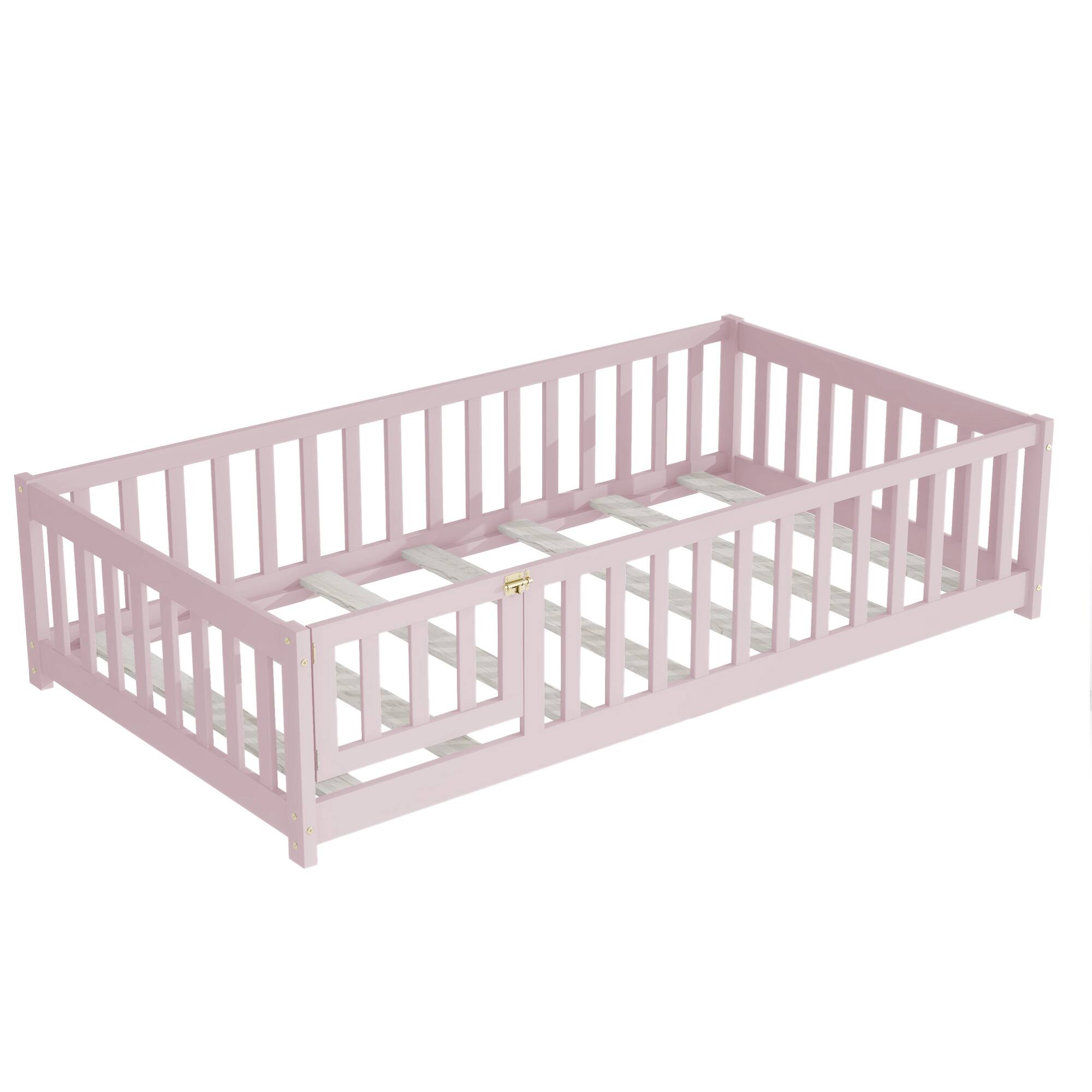 Alt View 10. GOODSILO - Twin Size Low-Profile Children's Floor Bed with Safety Guardrails and Entry Door, Natural Wood Finish - Pink.