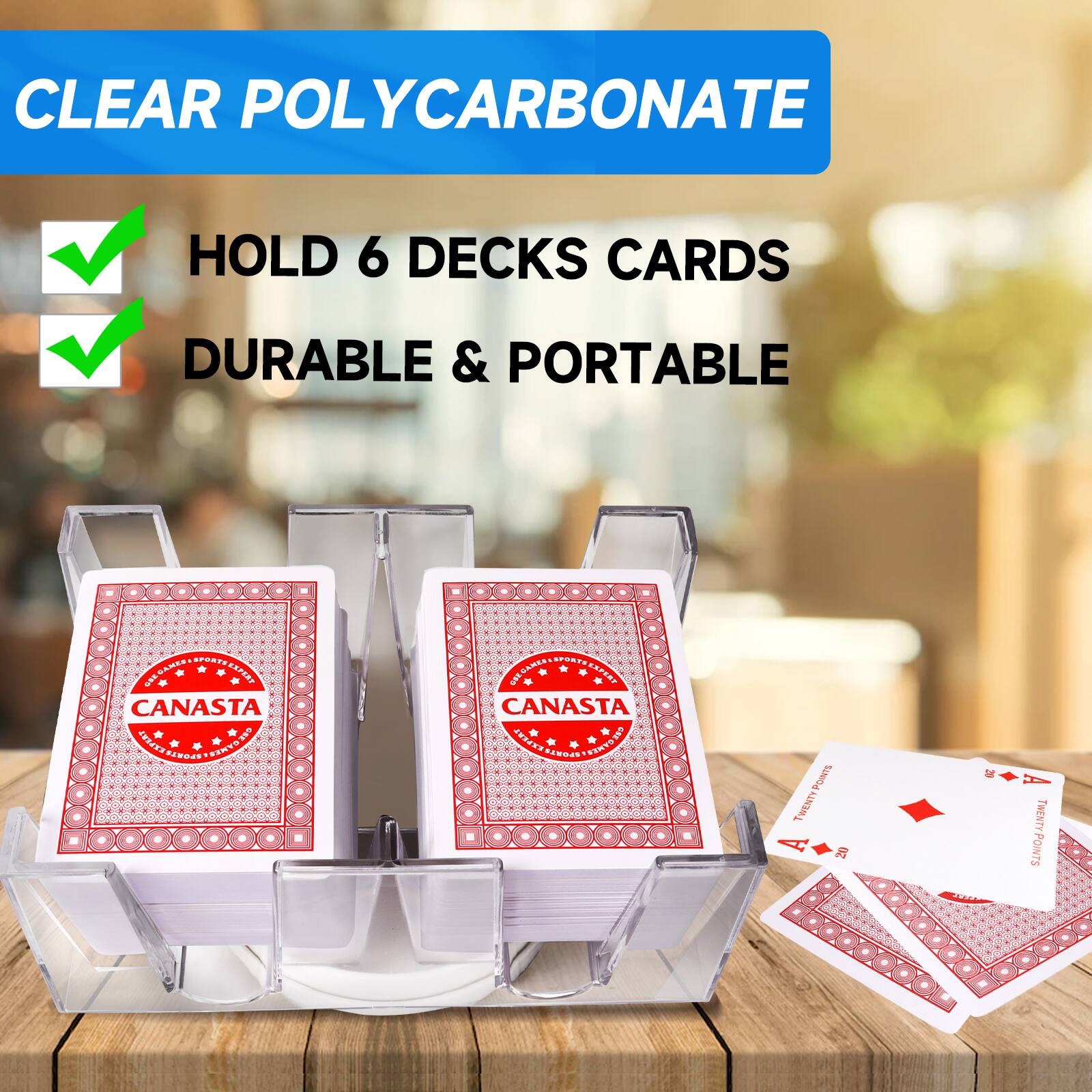 CLEAR POLYCARBONATE HOLD 6 DECKS CARDS DURABLE & PORTABLE AMER EOAre  ATPREPERY CANASTA KPER PSSL FINYS AA DEECANIA  ESPERT CANASTA CAET P. R ENTOSE POINTS TWENTY A 20 A THENTY POINTS
