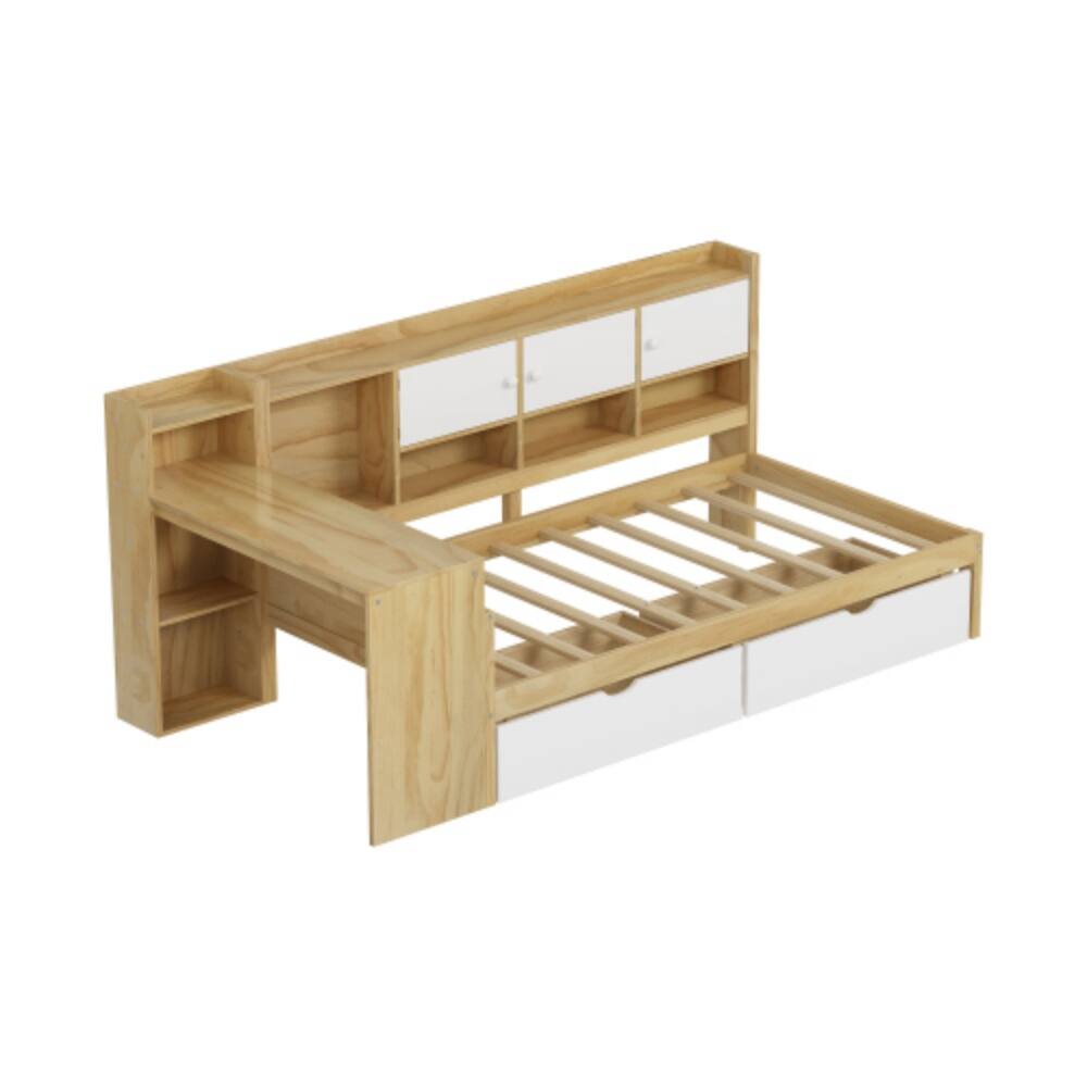 Back. LUCKY ONE - Twin Size Wooden L-Shape Daybed with 7 Storage Cabinets, 2 Drawers, Study Desk, Bookshelf, No Box Spring Needed - Natural+White.