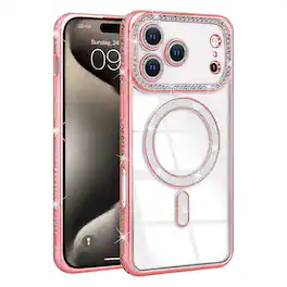 Entronix - Luxury Rhinestone Case for iPhone 17 Pro - Clear Back with Magnetic Compatibility - Pink