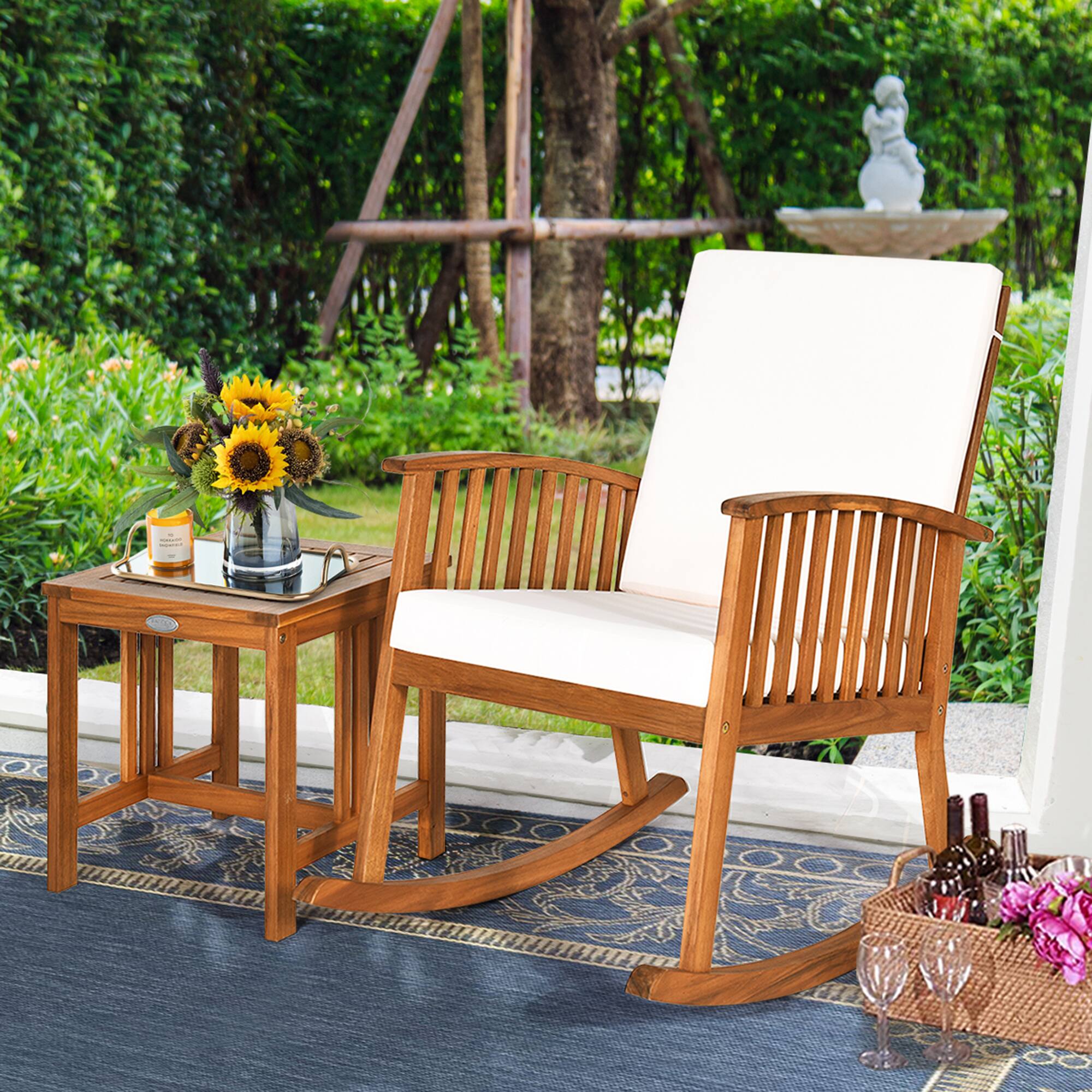 Alt View 1. Costway - Costway 2PCS Acacia Wood Patio Rocking Chair Set Cushioned Coffee Table - Teak.