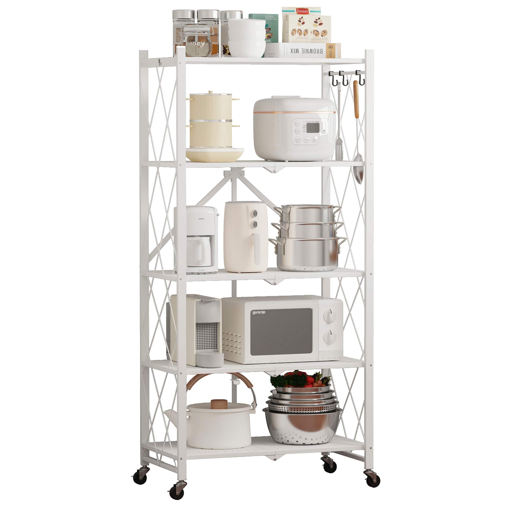 Sugift - 5-Tier Foldable Storage Shelves, Metal Storage Rack with Wheels - White