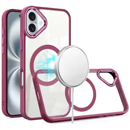 Front. Kitcheniva - Metal Button Magnetic Circle Case With Tempered Glass For iPhone 16 Burgundy - Burgundy.