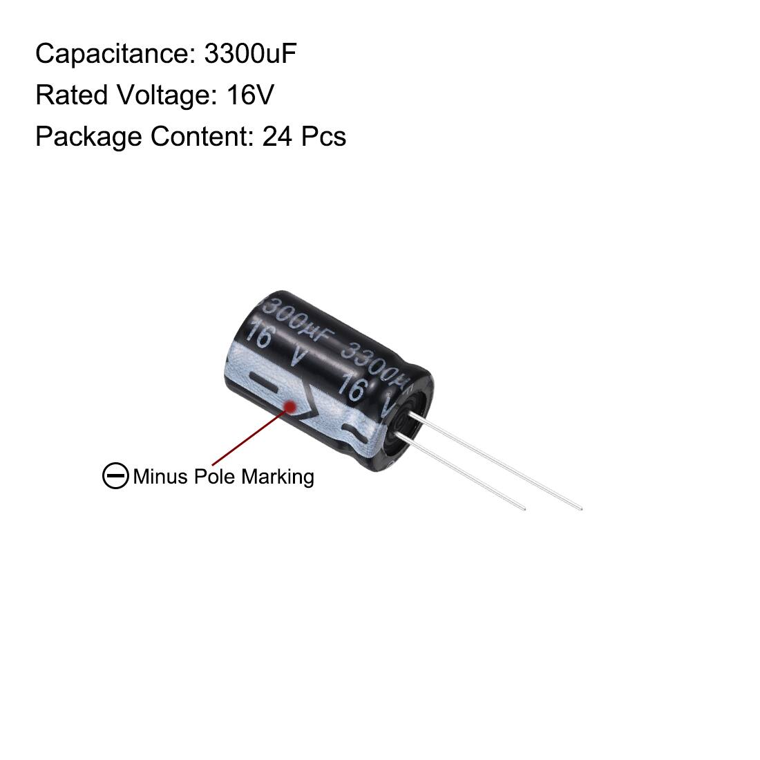 Capacitance: 3300uF  
Rated Voltage: 16V  
Package Content: 24 Pcs  

Minus Pole Marking
