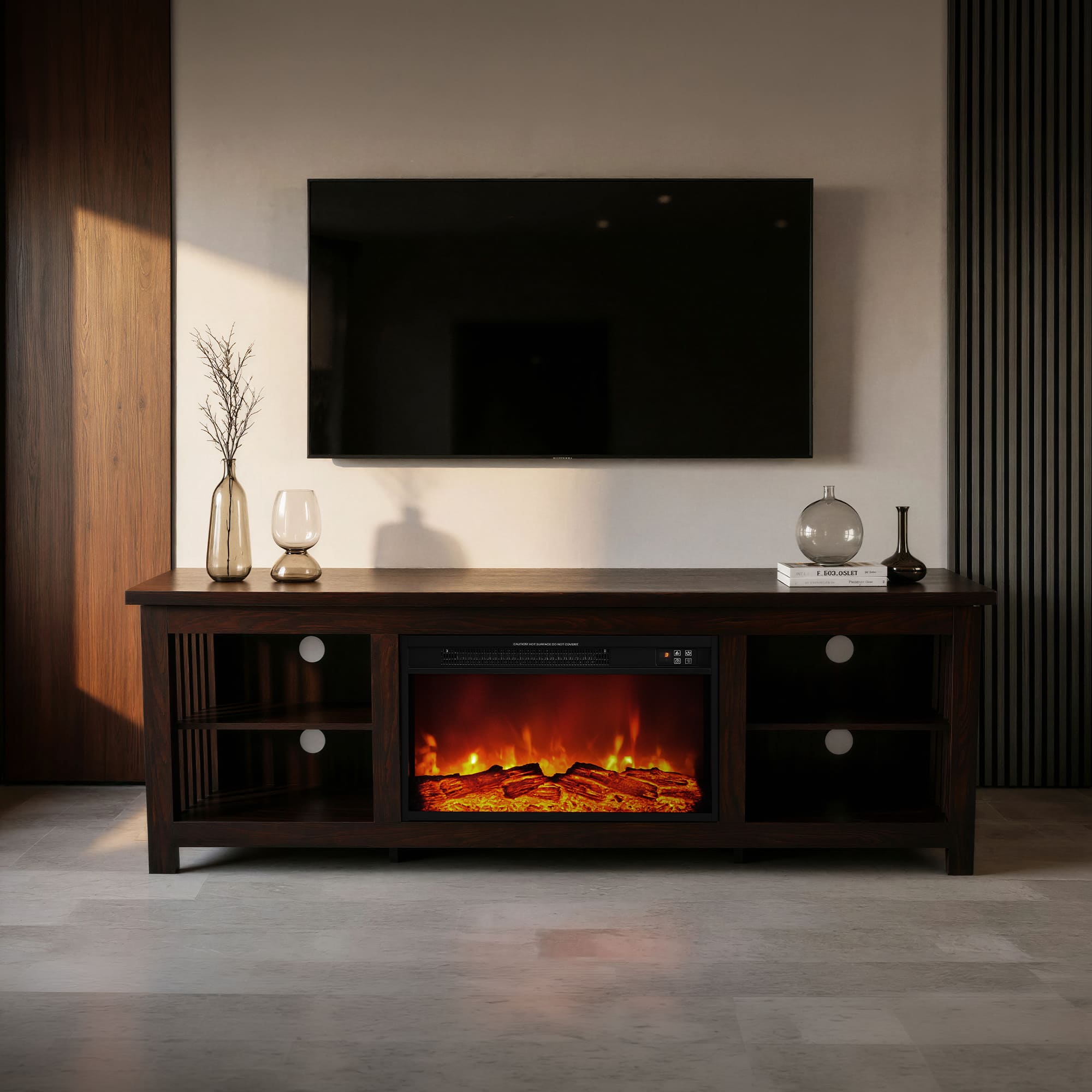 VAUXHILL & CO. - Ellis Electric Fireplace TV Stand with Open Shelving - Cherry