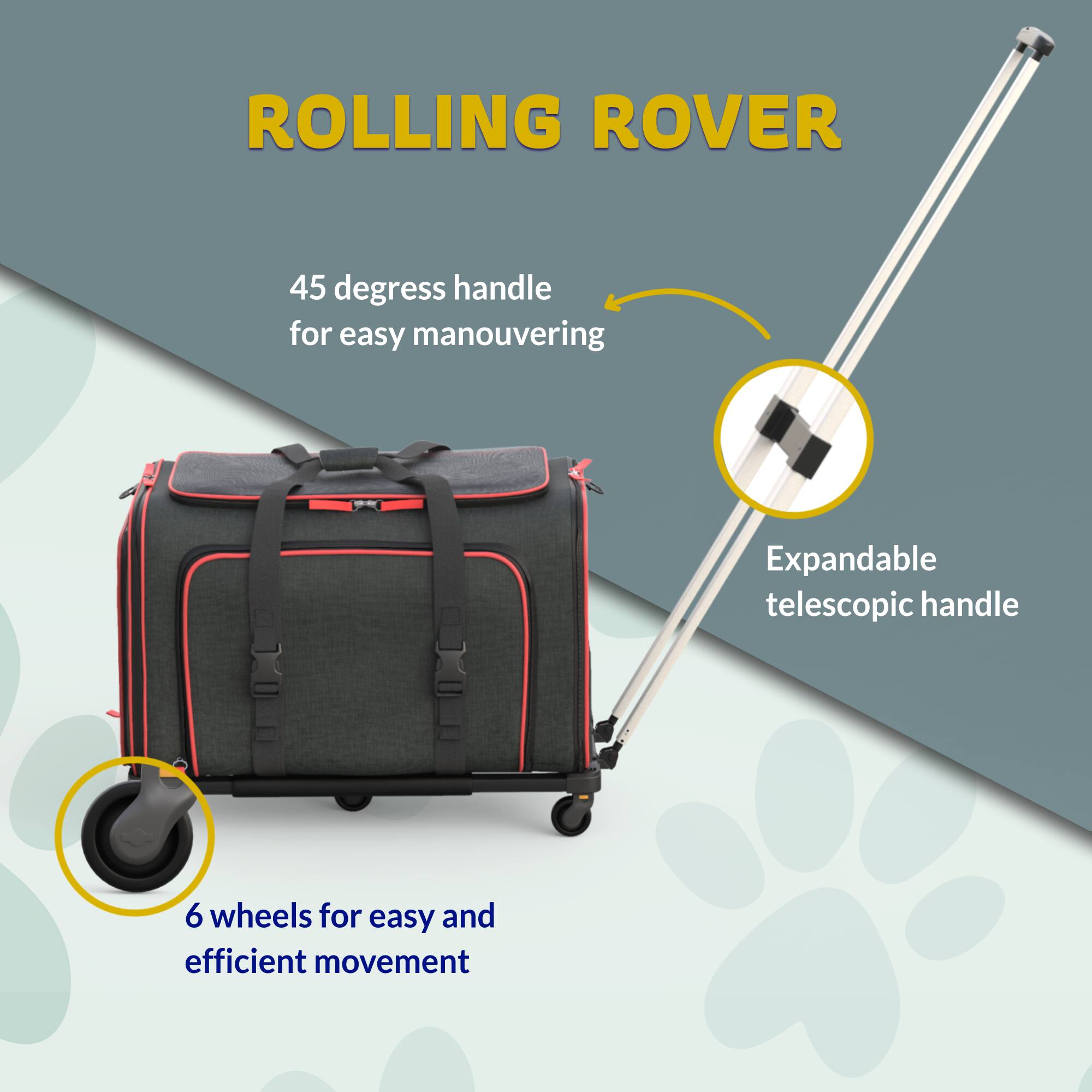 ROLLING ROVER

45 degrees handle for easy maneuvering

Expandable telescopic handle

6 wheels for easy and efficient movement