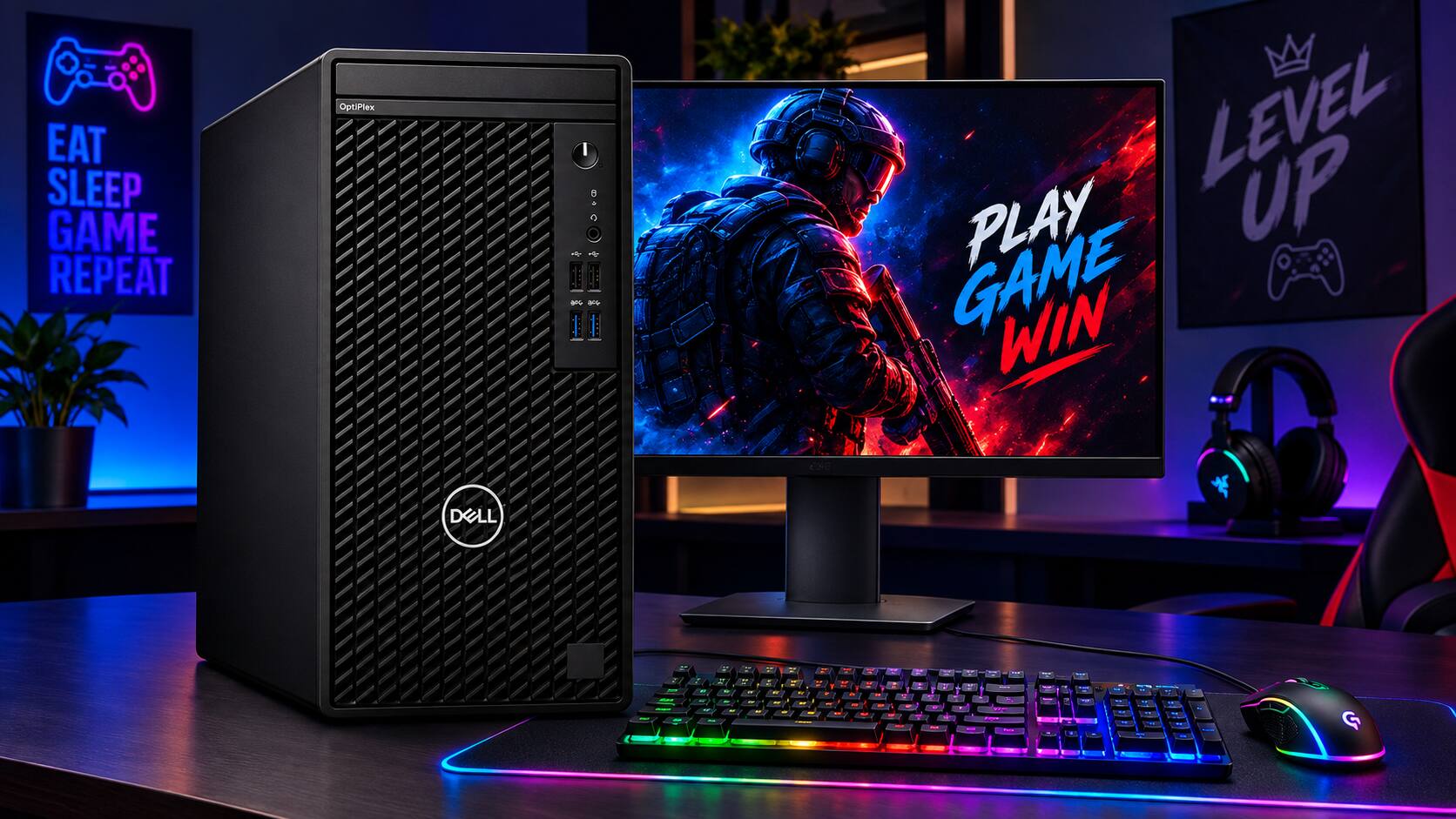 EAT SLEEP GAME REPEAT

OptiPlex

I 9 A O

LEVEL UP PLAY GAME WIN

698

DELL