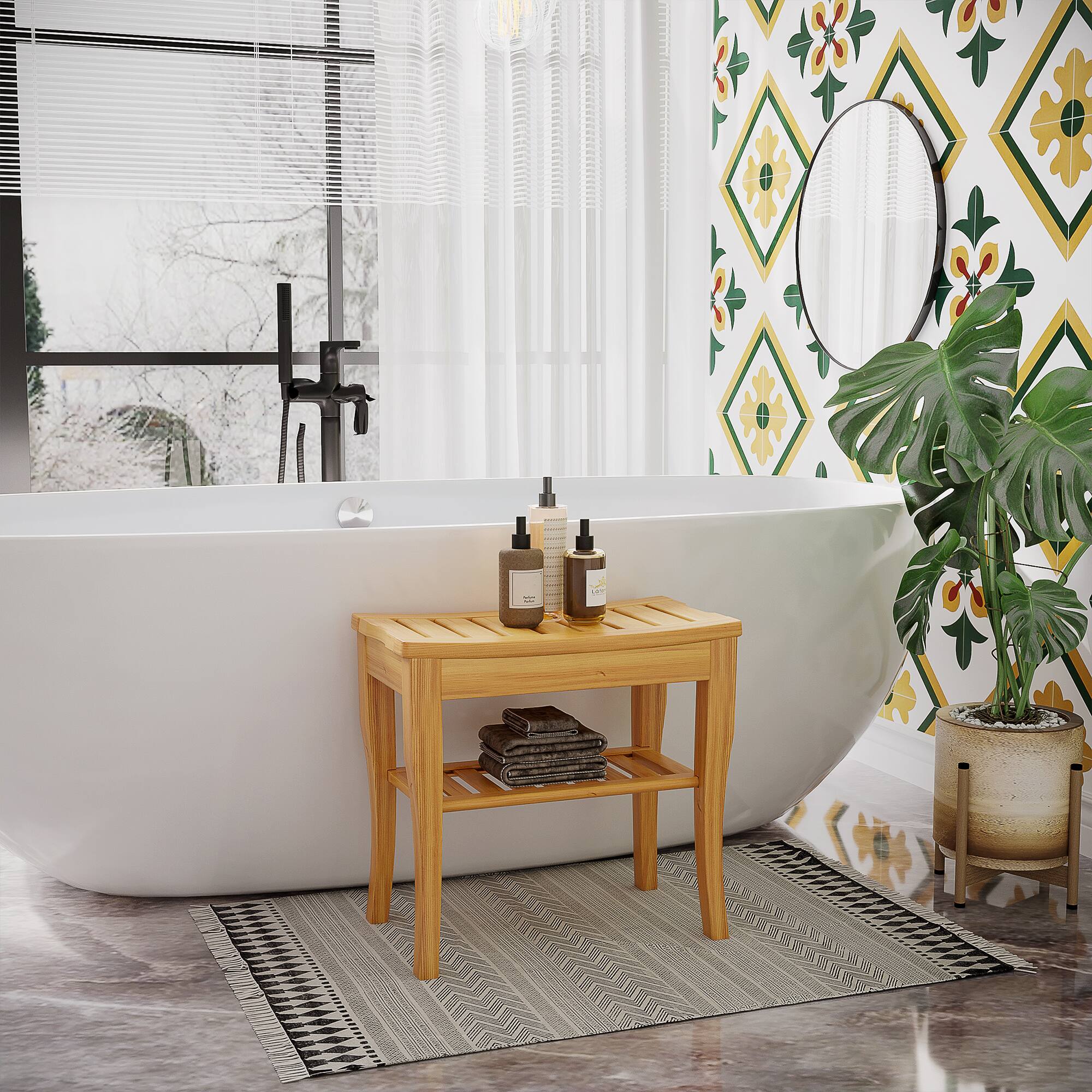 Alt View 1. Homcom - Long Bamboo Shower Bench Seat, 20" Wooden Spa Shower Stool with Underneath Storage Shelf Shoe Organizer - Natural Wood.