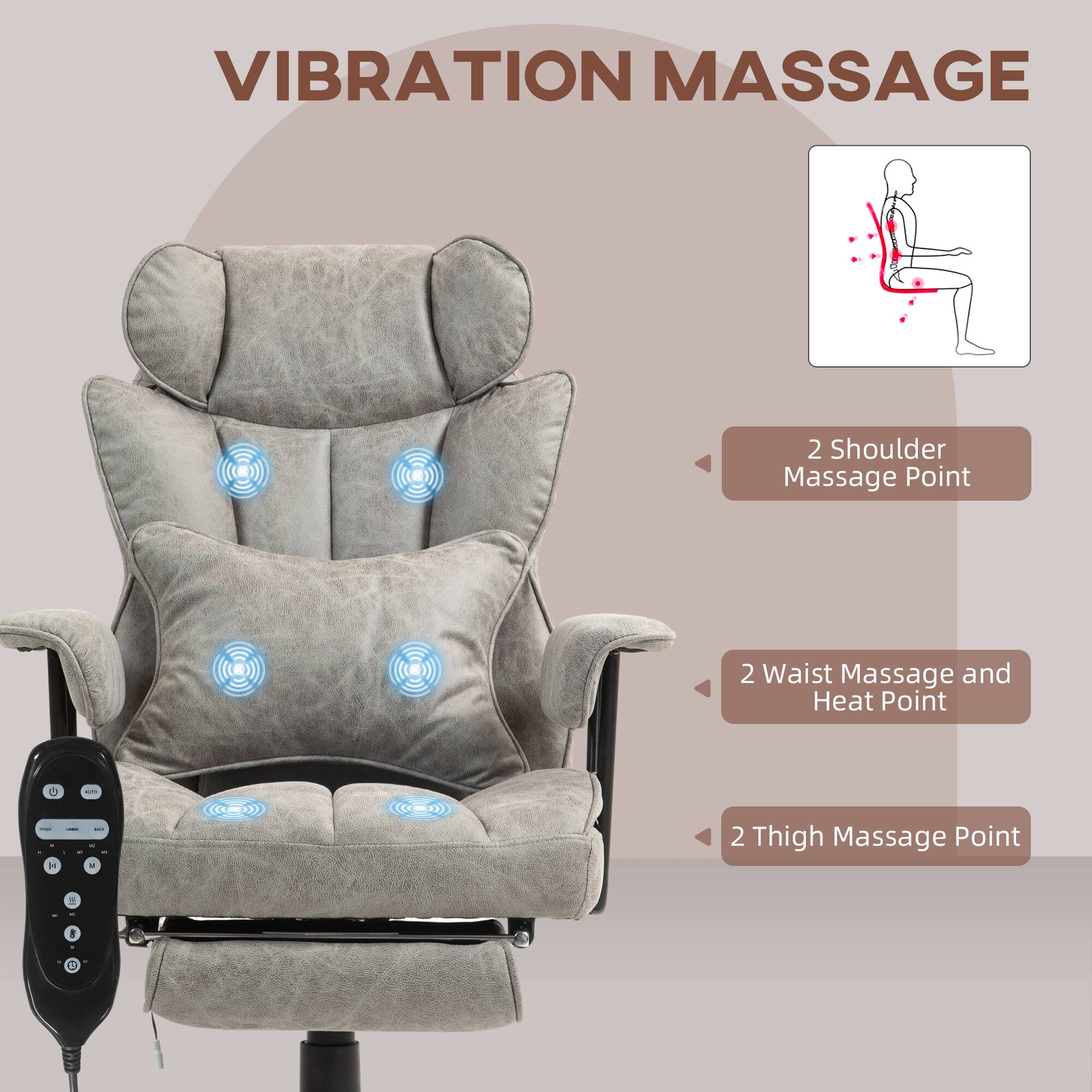 Vibration Massage: 2 Shoulder Massage Point, 2 Waist Massage and Heat Point, 2 Thigh Massage Point.