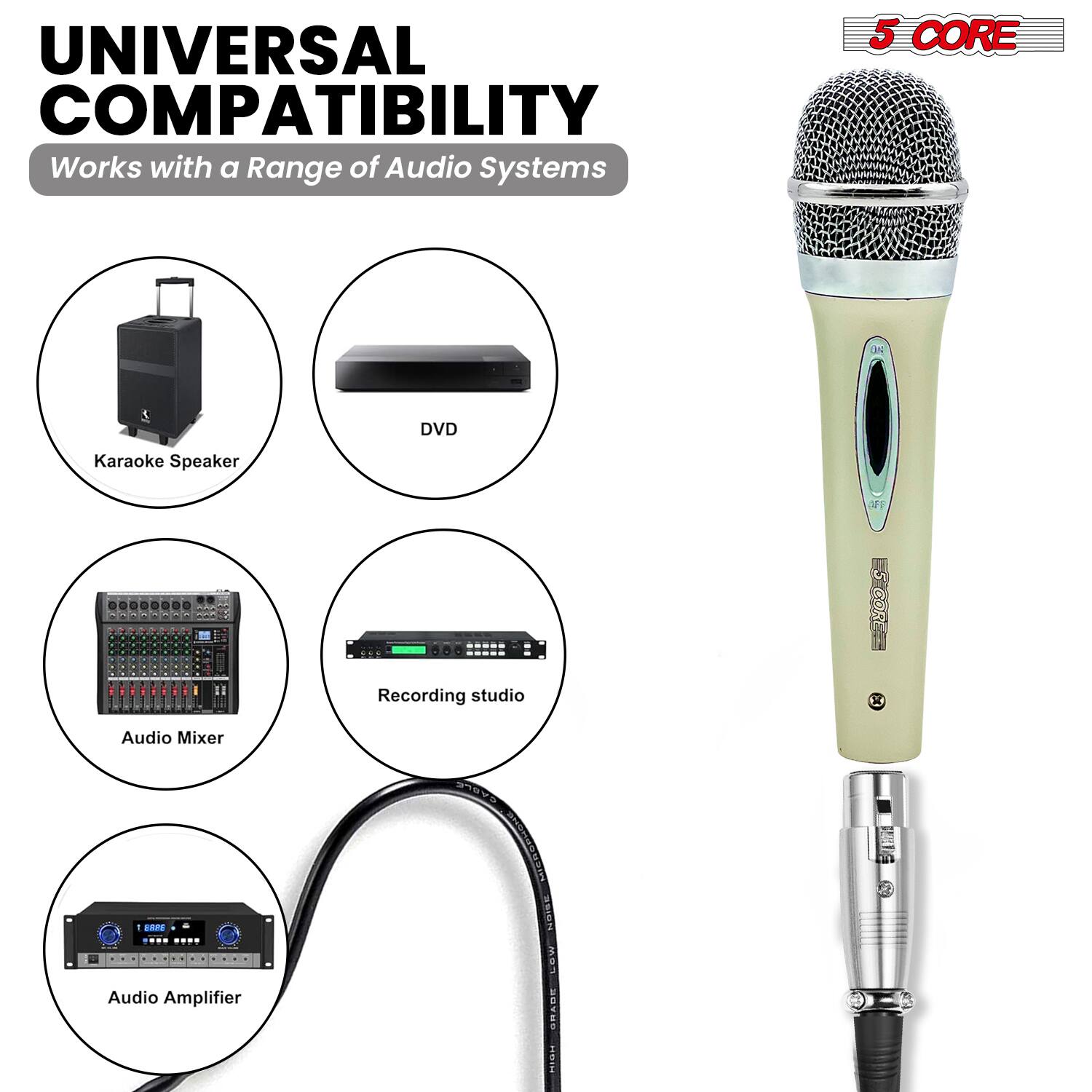 UNIVERSAL COMPATIBILITY  
Works with a Range of Audio Systems  

- Karaoke Speaker  
- DVD  
- Audio Mixer  
- Recording studio  
- Audio Amplifier  

5 CORE