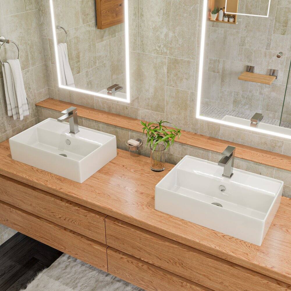 Left. Alfi - White 24" Modern Rectangular Above Mount Ceramic Sink with Faucet Hole - White.